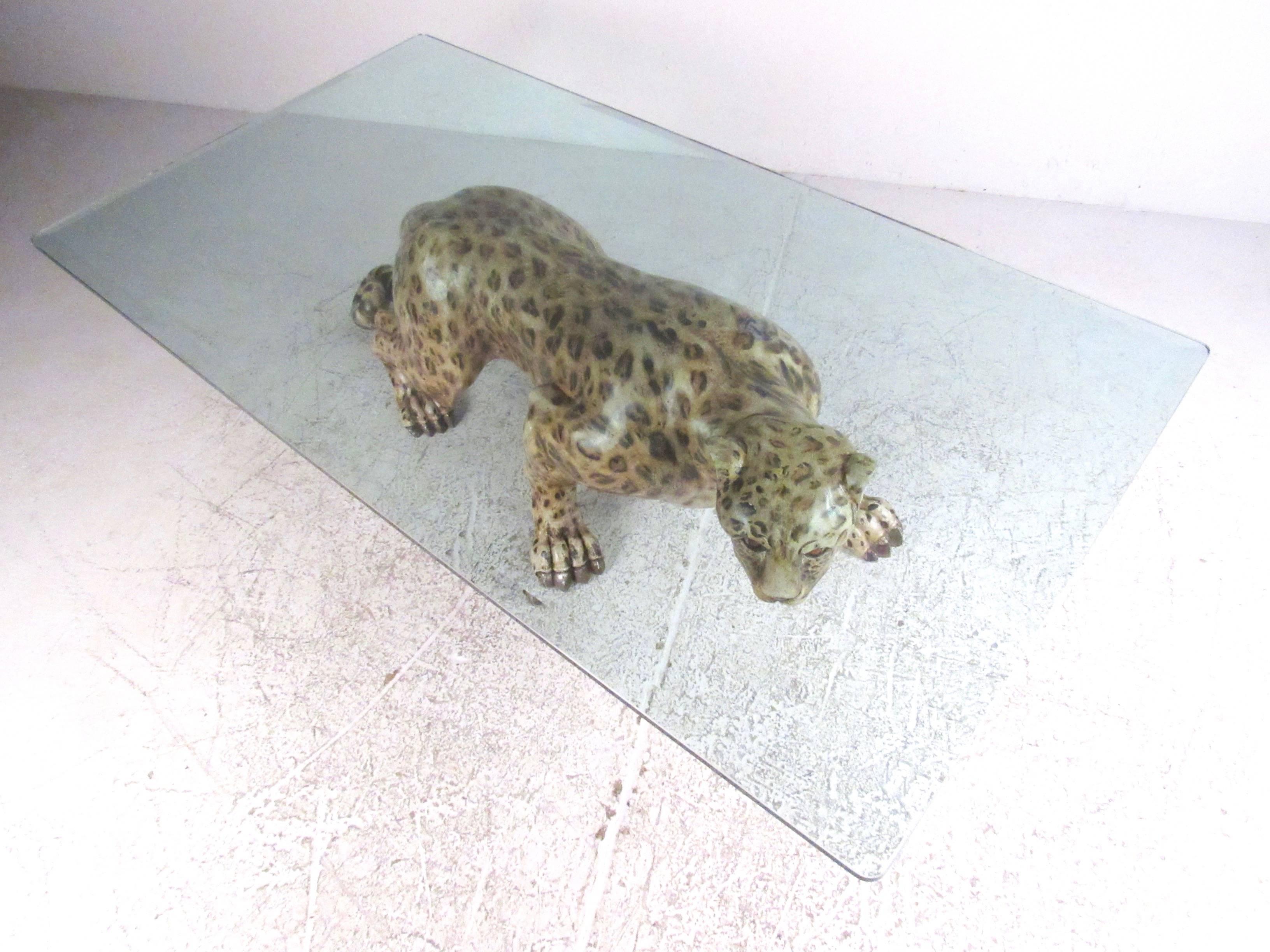 Mid-Century Modern Impressive Carved Wood Leopard Coffee Table