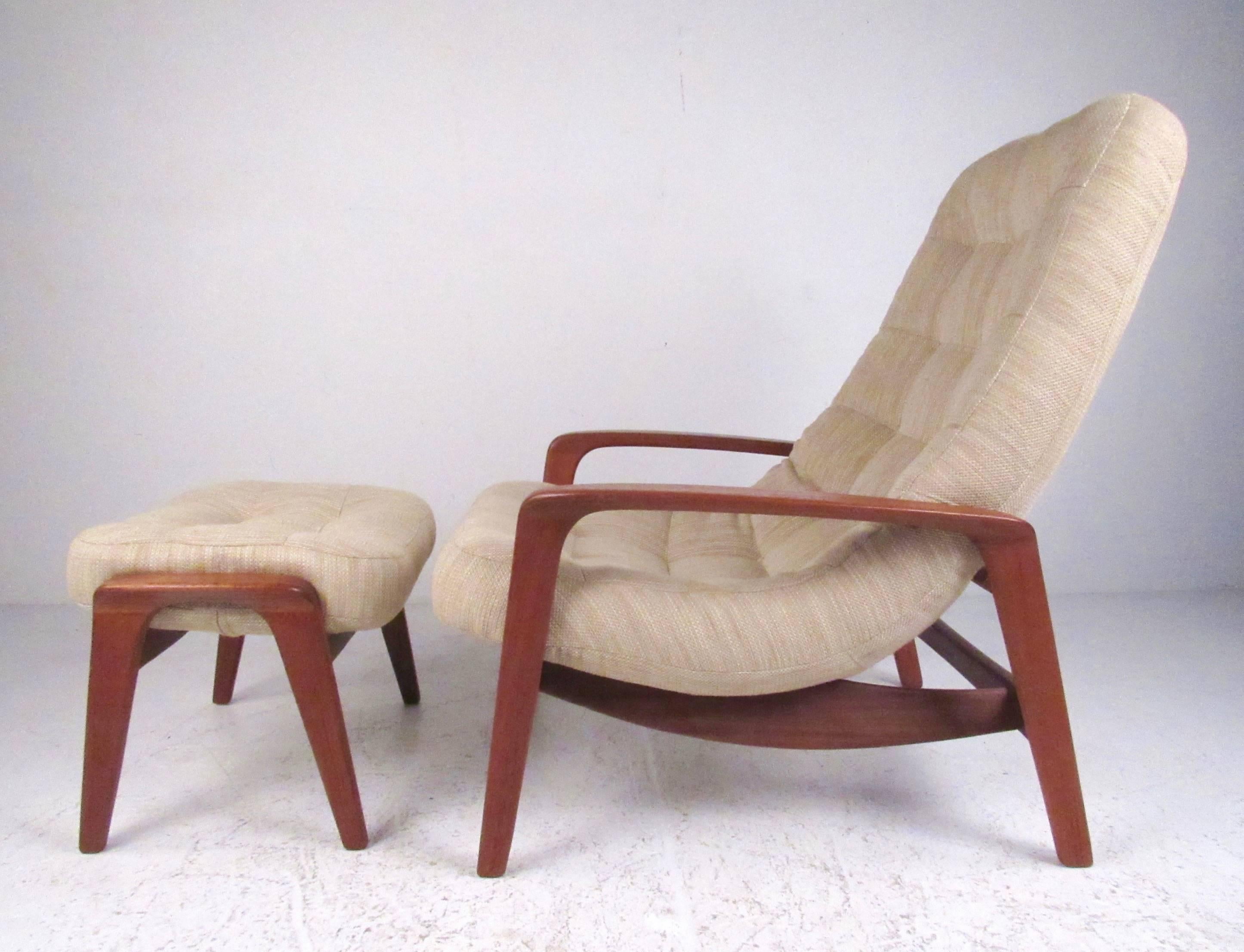 Danish Vintage Modern Teak Frame Lounge Chair with Ottoman