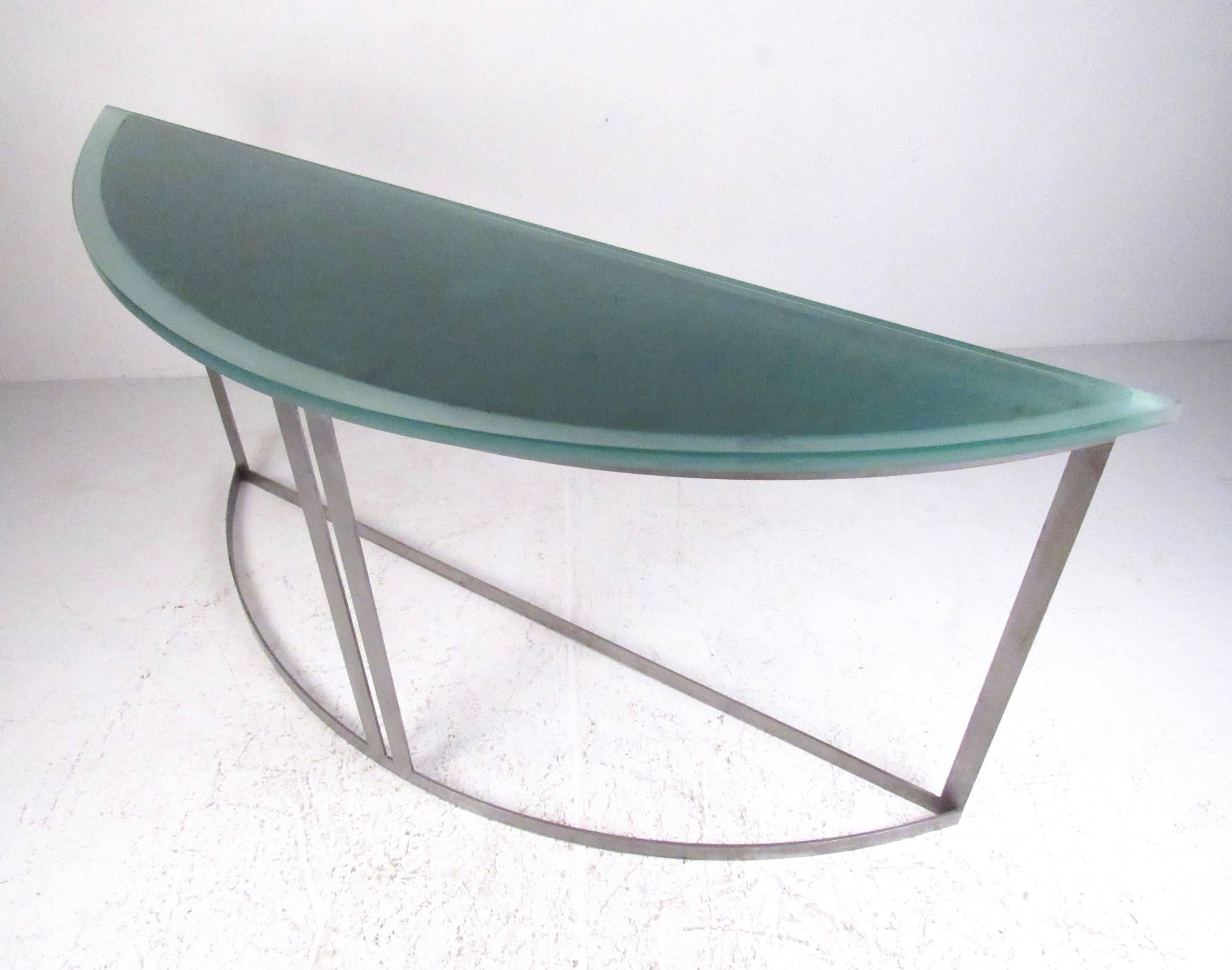 Steel Demilune Console Table with Sandblasted Glass Top For Sale