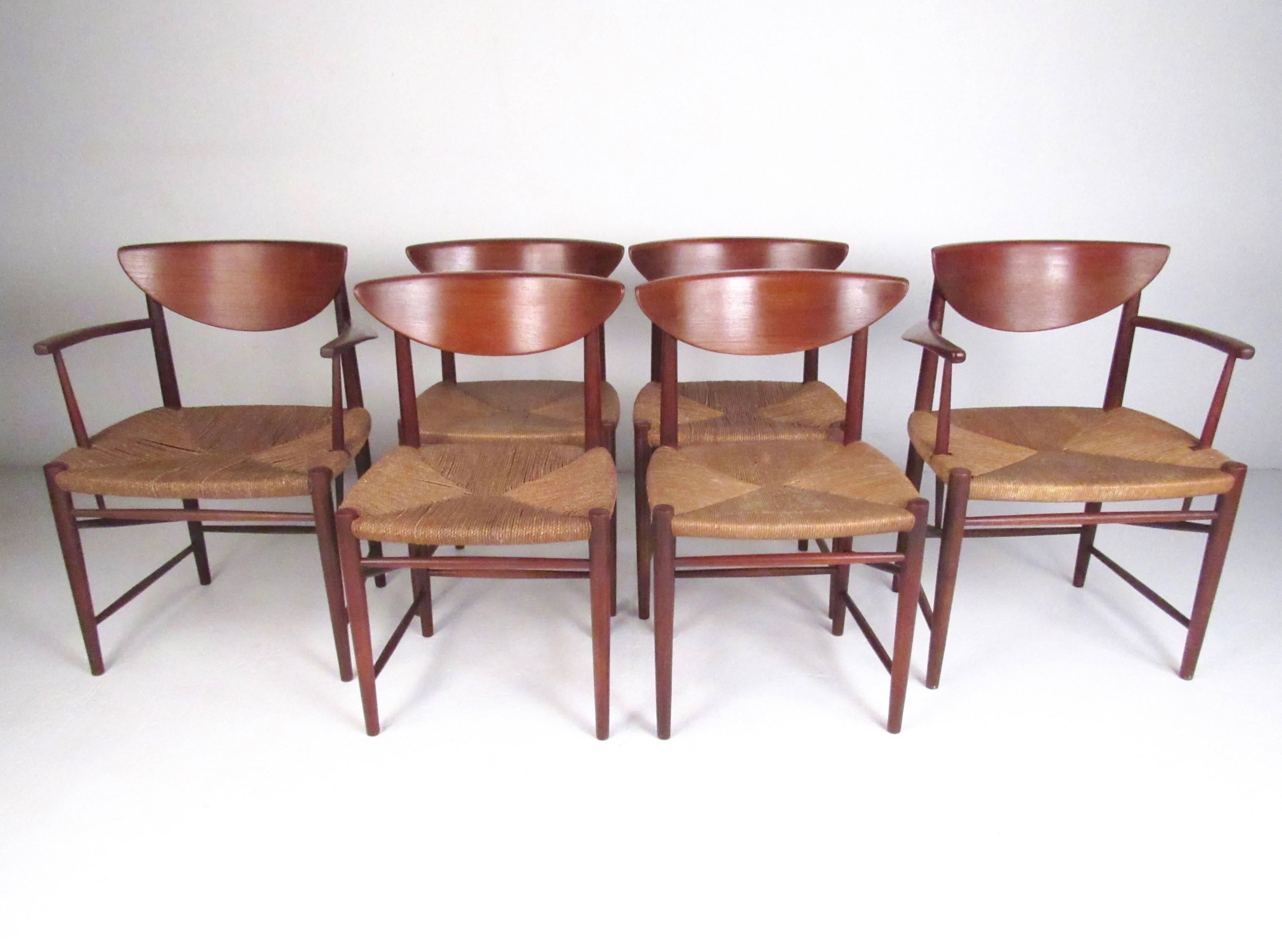 Mid-Century Modern Set of Six Peter Hvidt Dining Chairs in Teak and Rush