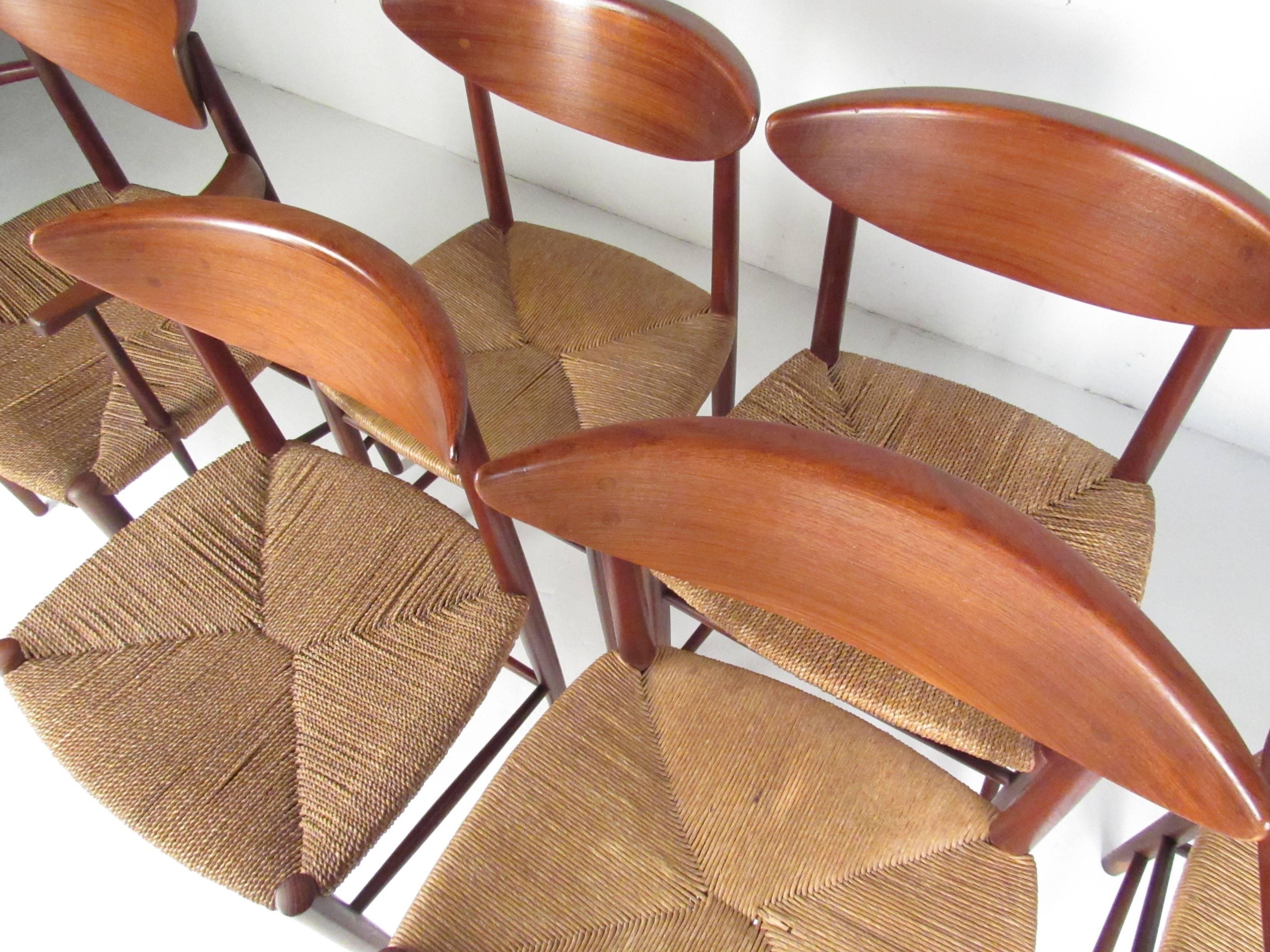 Mid-20th Century Set of Six Peter Hvidt Dining Chairs in Teak and Rush