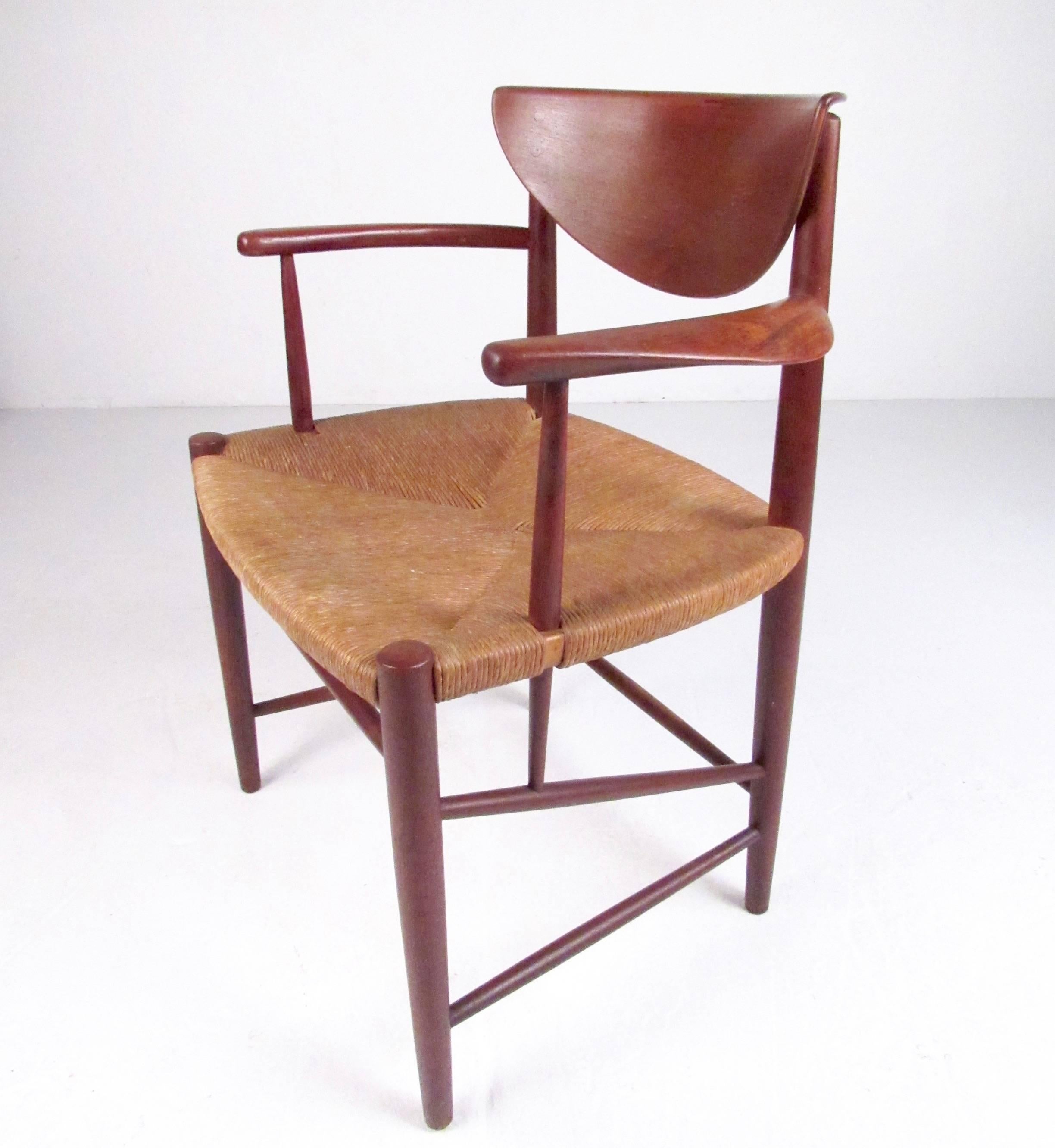 Danish Set of Six Peter Hvidt Dining Chairs in Teak and Rush