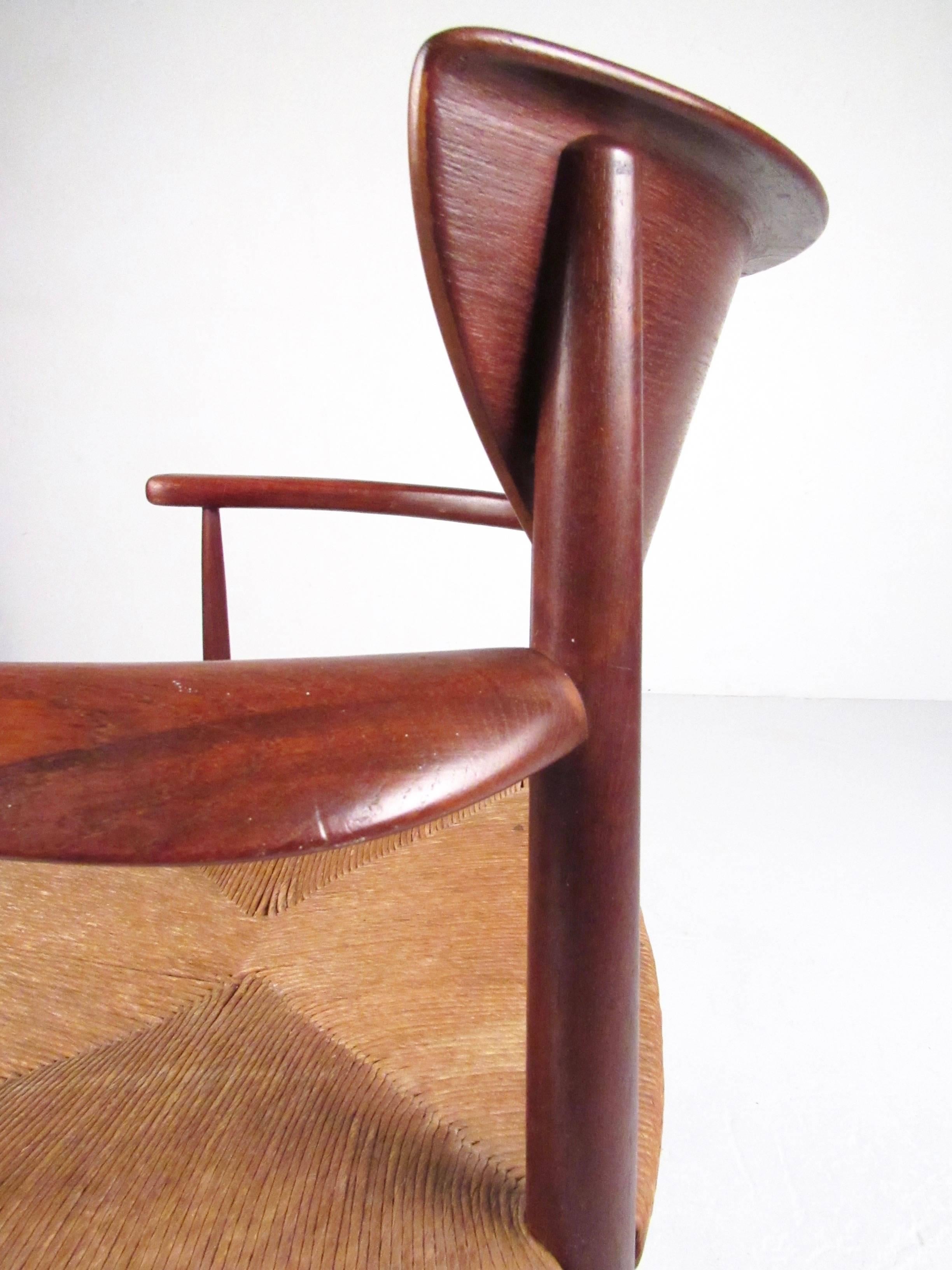 Set of Six Peter Hvidt Dining Chairs in Teak and Rush 1