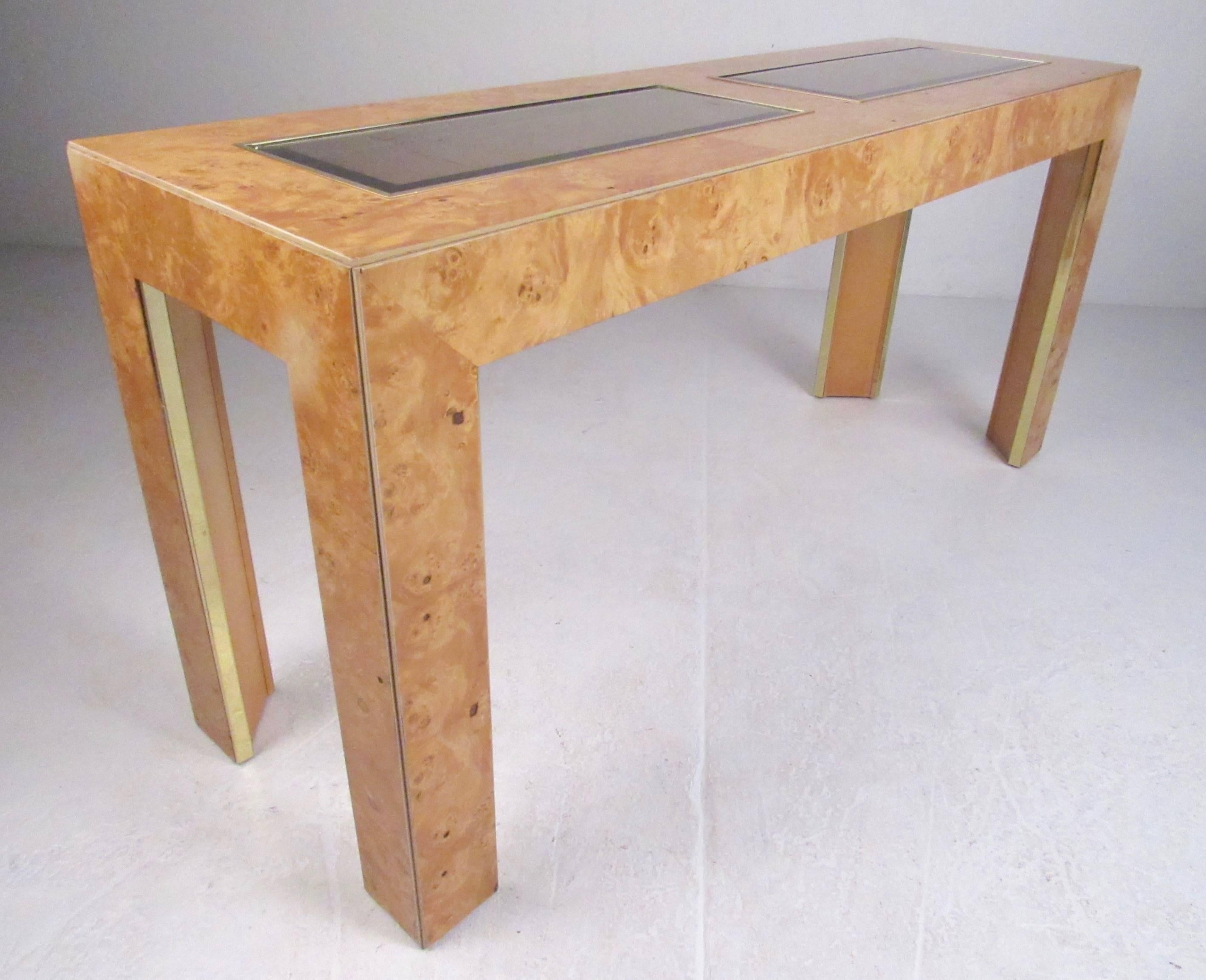 burled wood console table