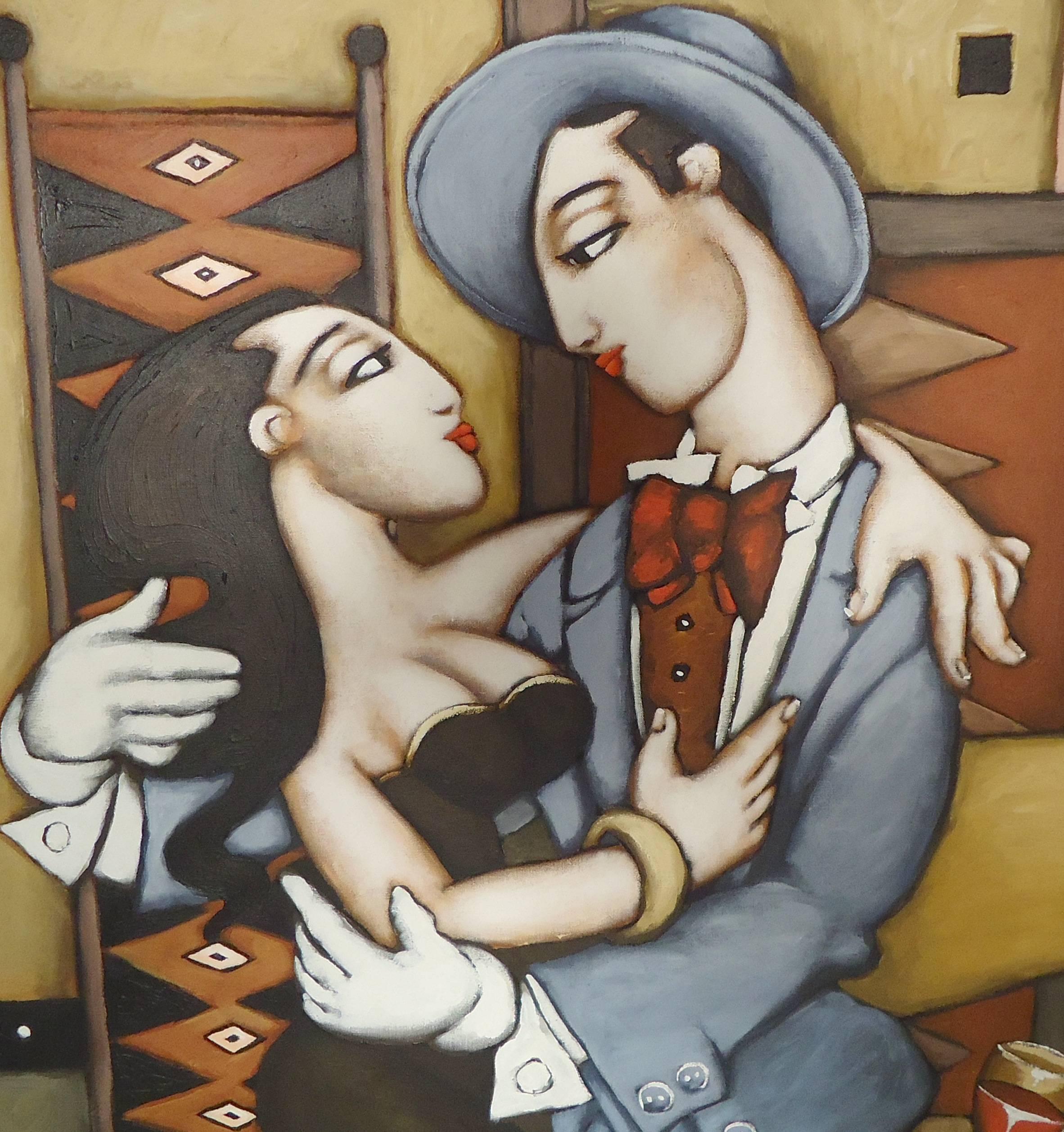 Dancing couple painted on large canvas, signed 