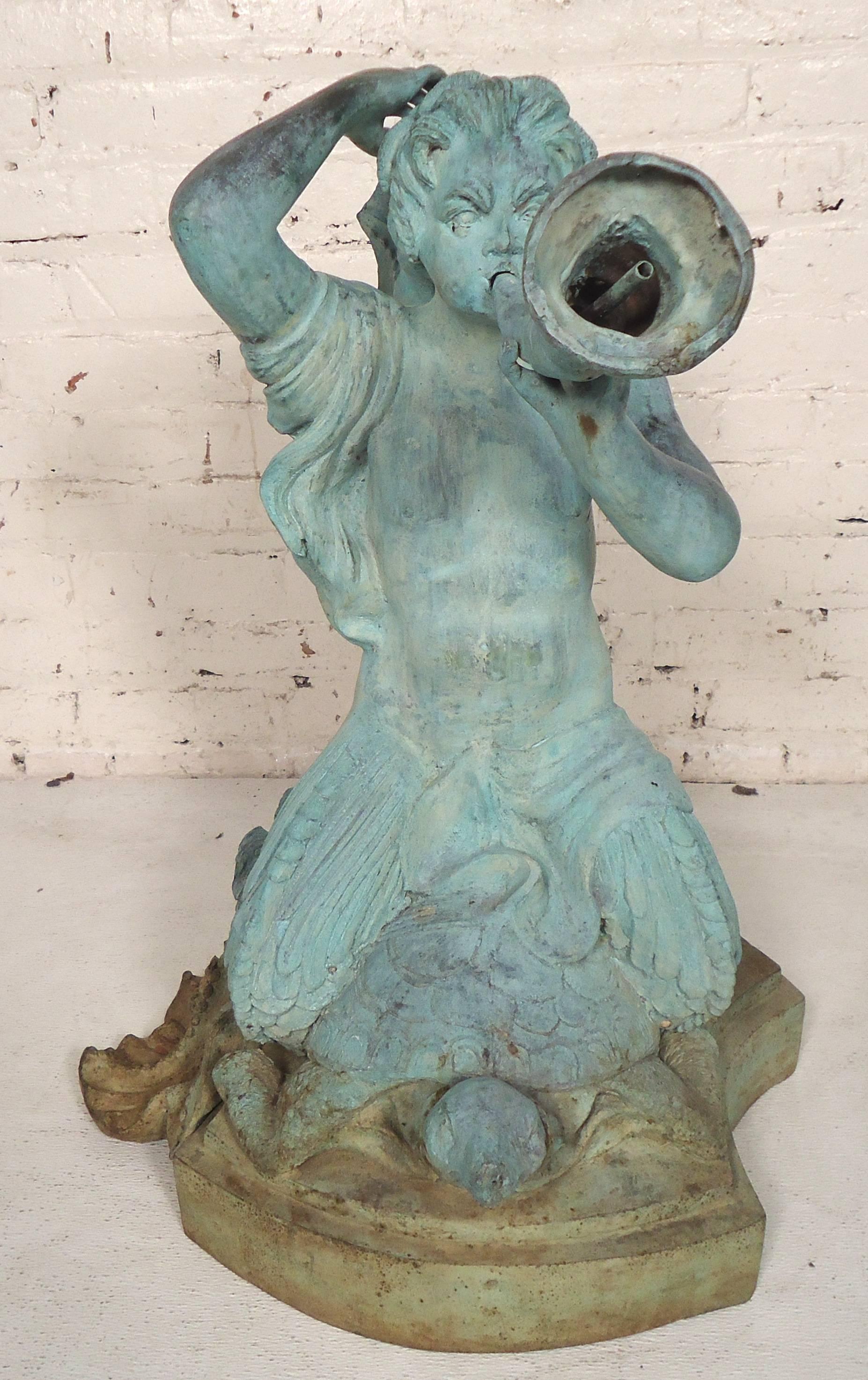 Bronze outdoor statue with a mythical sea creature atop a sea turtle. Fountain comes from the horn.

(Please confirm item location - NY or NJ - with dealer).
      