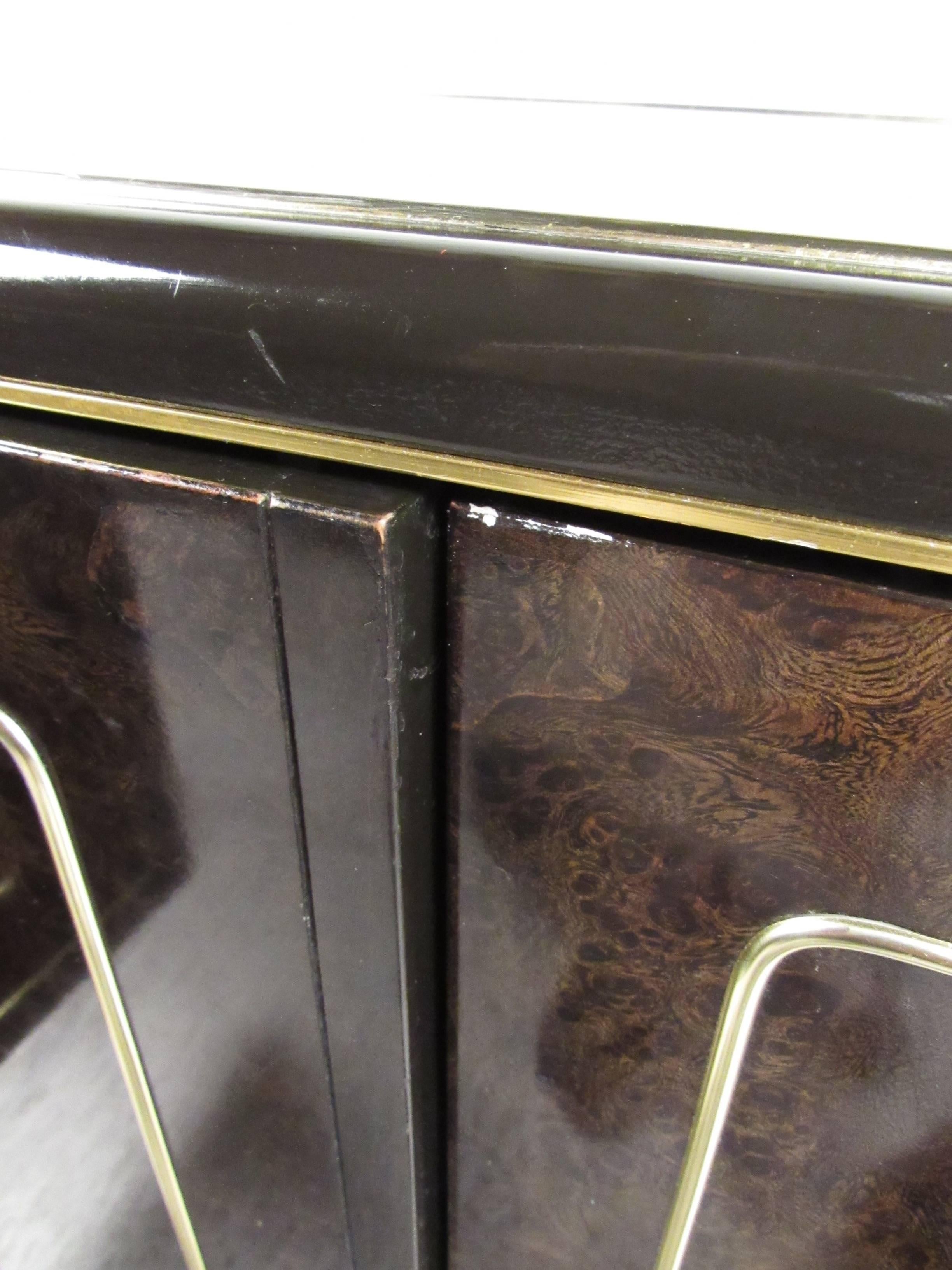 Vintage Modern Burl and Brass Acid Etched Dresser by Bernhard Rohne In Fair Condition For Sale In Brooklyn, NY