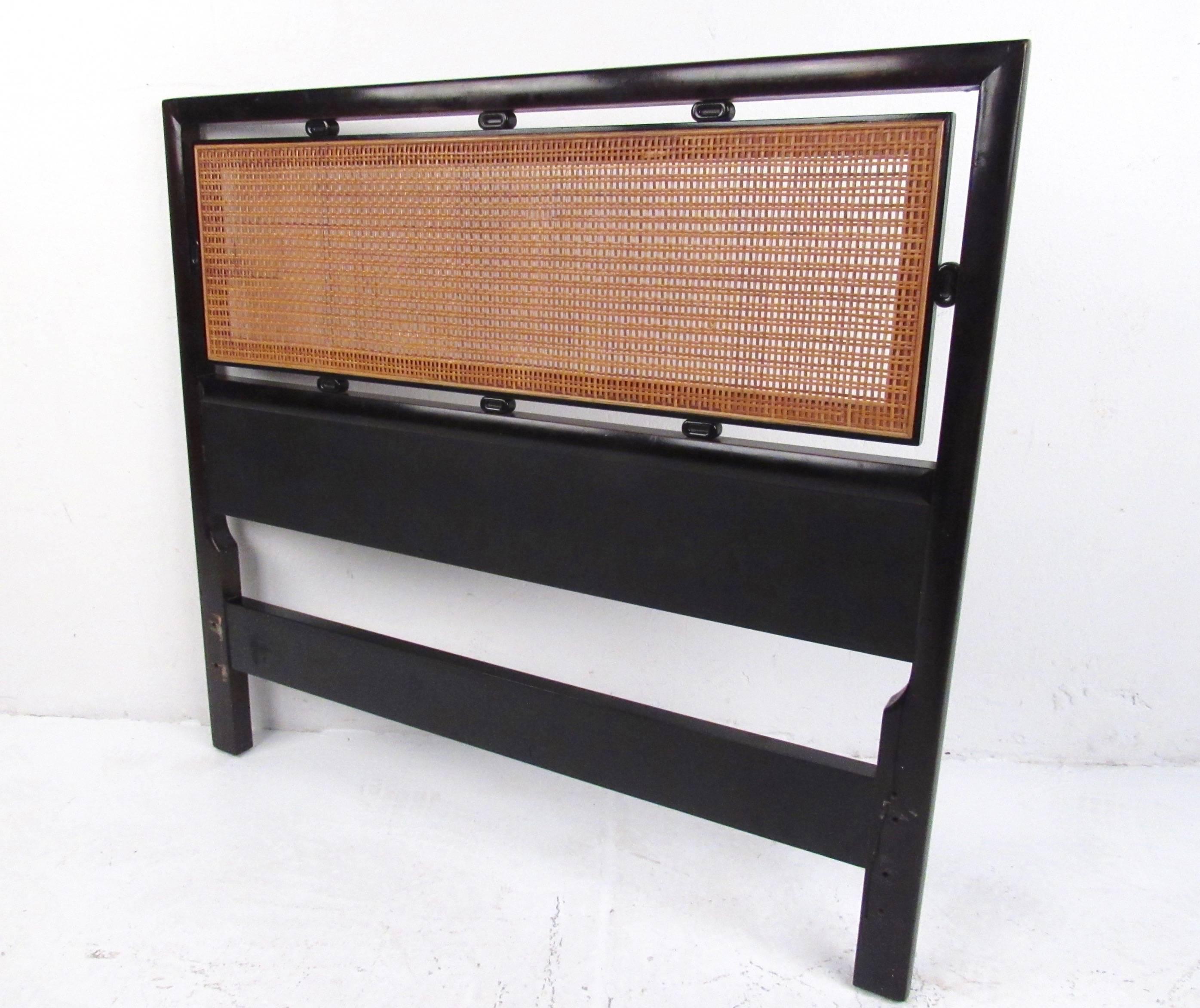 Matching midcentury pair of twin size headboards by Michael Taylor for Baker furniture. Stylish mix of hardwood construction and vintage caning. Please confirm item location (NY or NJ).