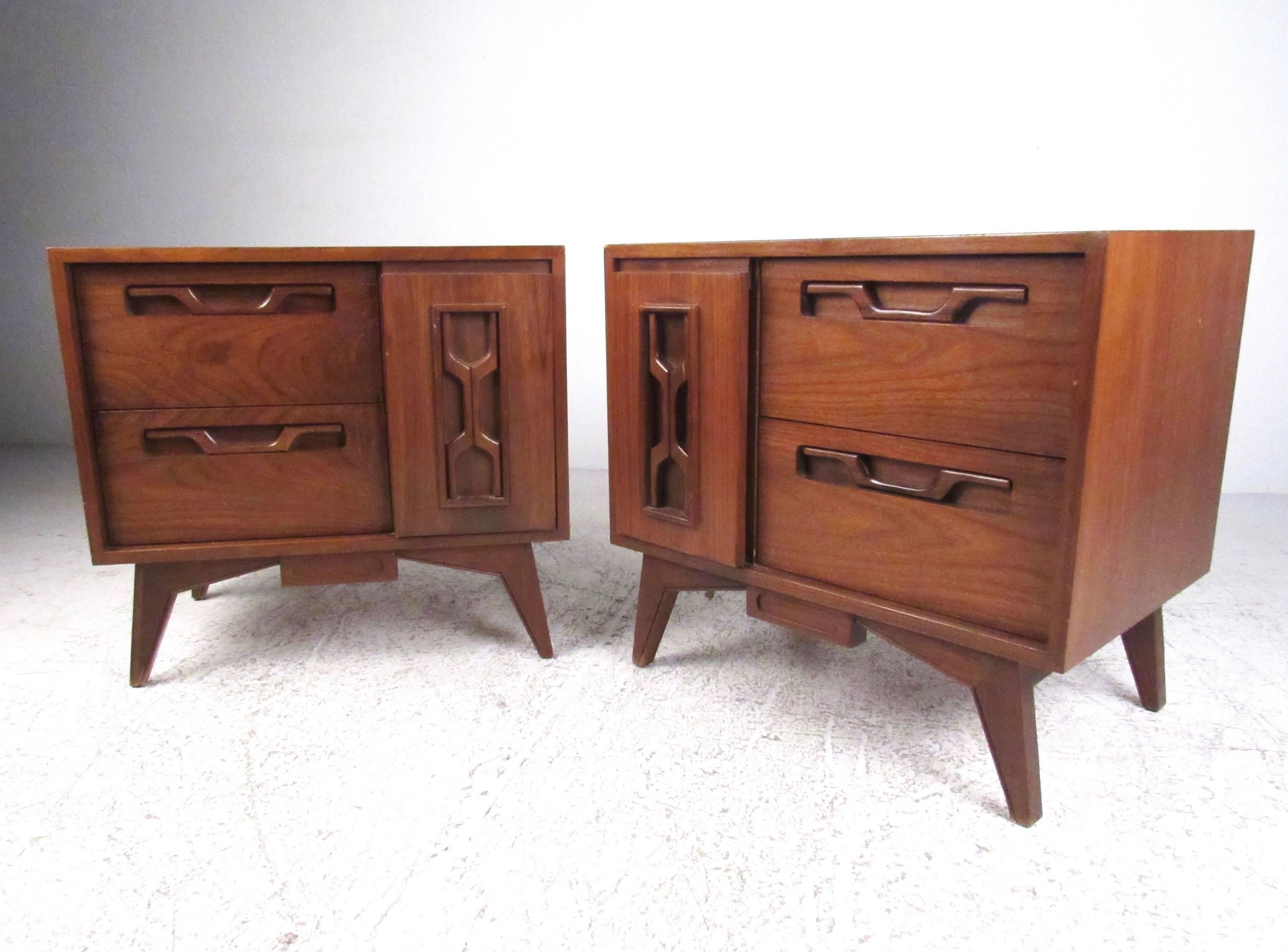 This stunning walnut bedroom set features matching highboy, low dresser, pair of bedside tables, and two dressing mirrors. Sculpted walnut drawer fronts add to the midcentury elegance of this six piece bedroom suite. Please confirm item location (NY