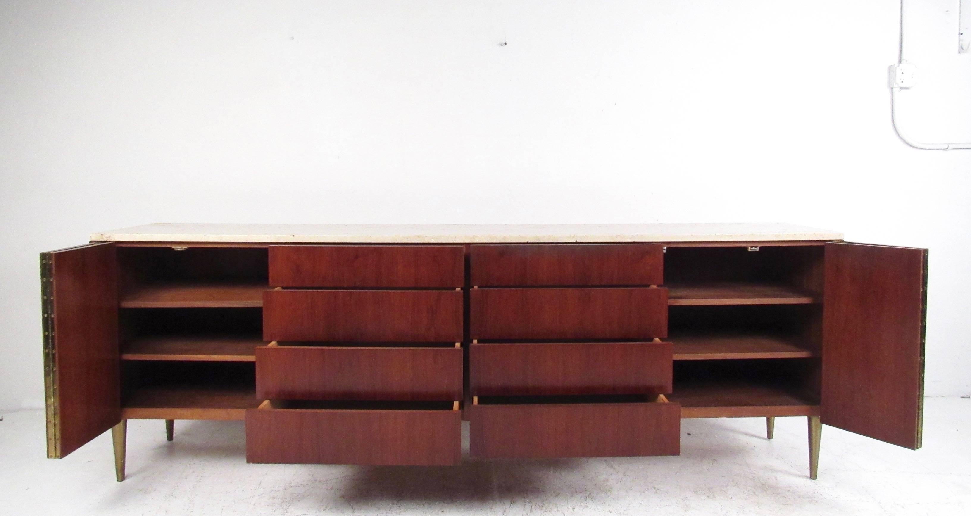 Mid-Century Modern Long Paul McCobb Travertine Top Sideboard