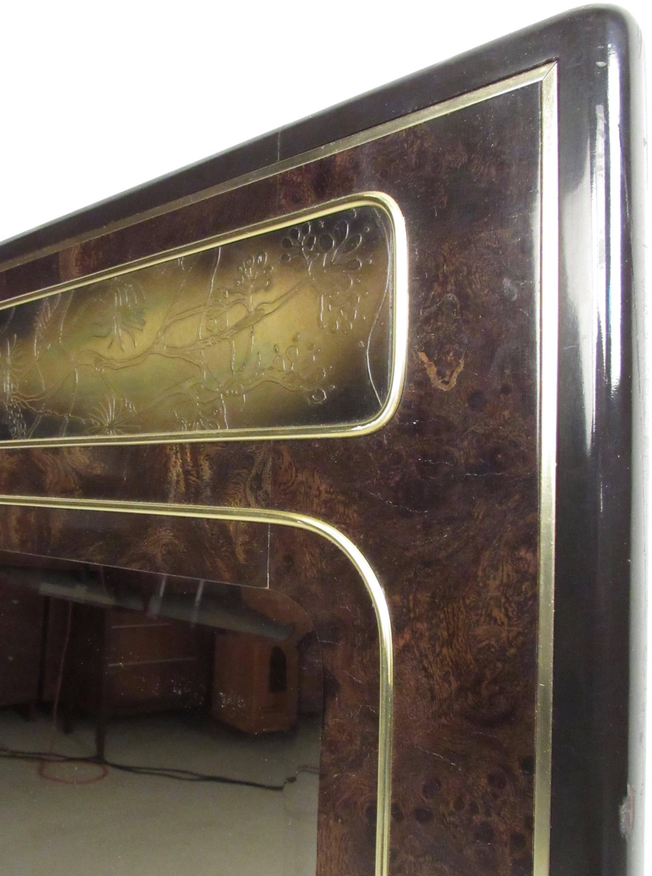 American Vintage Mastercraft Burl and Brass Wall Mirror by Bernhard Rohne For Sale