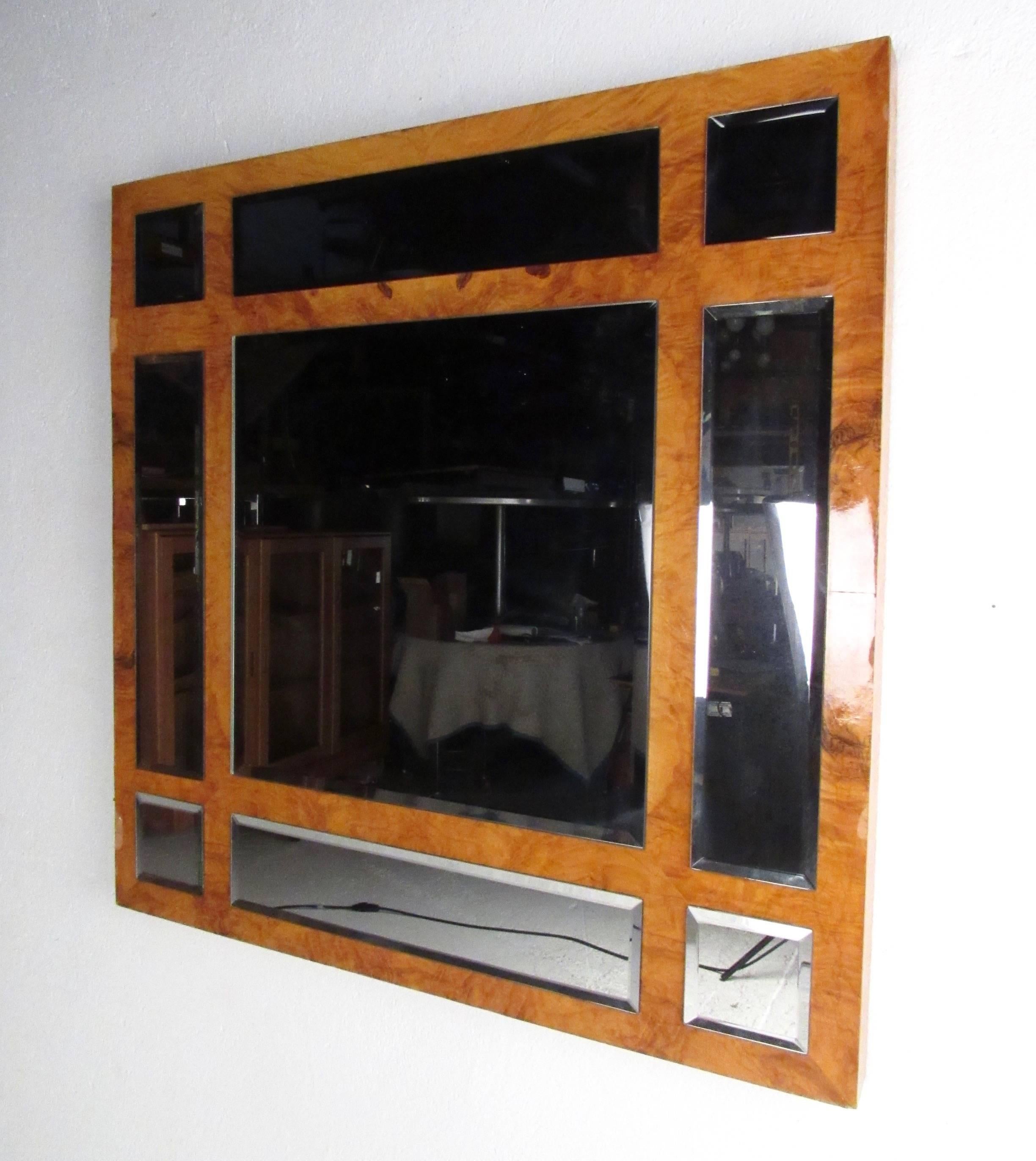 This stunning vintage mirror by Gary Copeland features burl wood finish and bevelled mirror panels. Unique artistic wall mirror adds a midcentury accent to home or business, please confirm item location (NY or NJ).