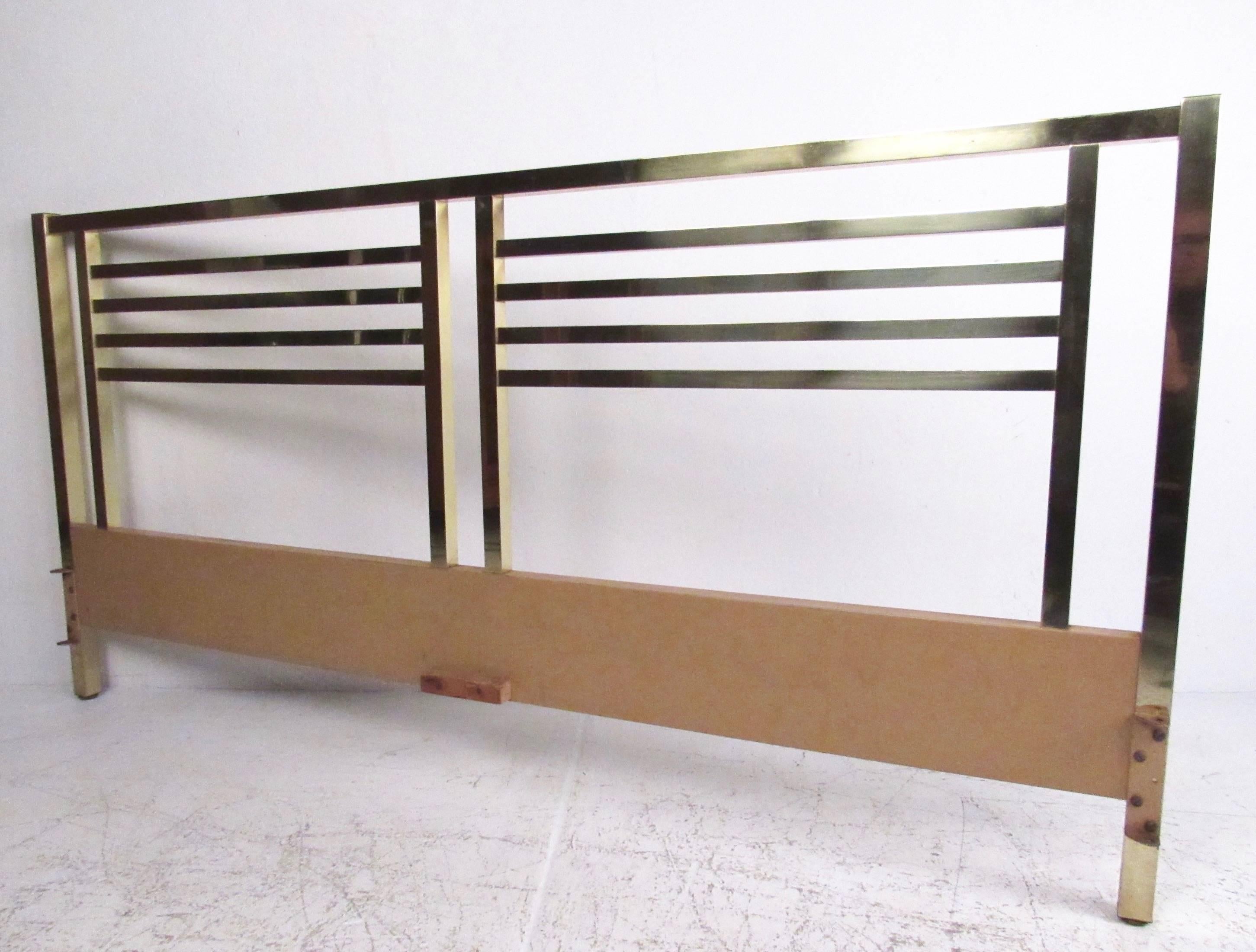 This unique brass headboard features stylish Mid-Century Modern design and measures 78 inches wide. Unique patina adds to the vintage appeal of the piece, making it a great addition to any interior. Please confirm item location (NY or NJ).