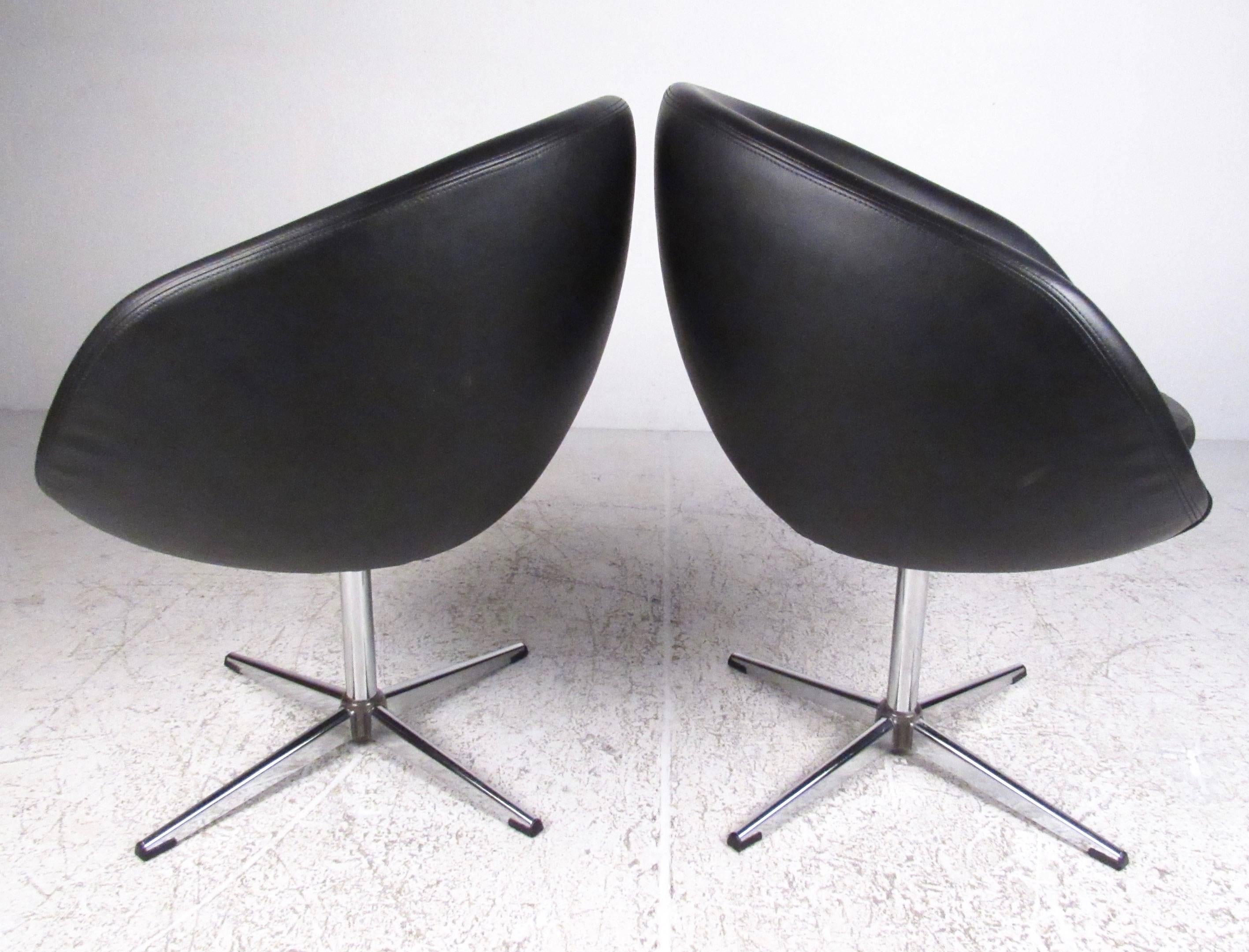 Upholstery Pair of Swivel Polo Club Chairs in Black Vinyl by Overman For Sale