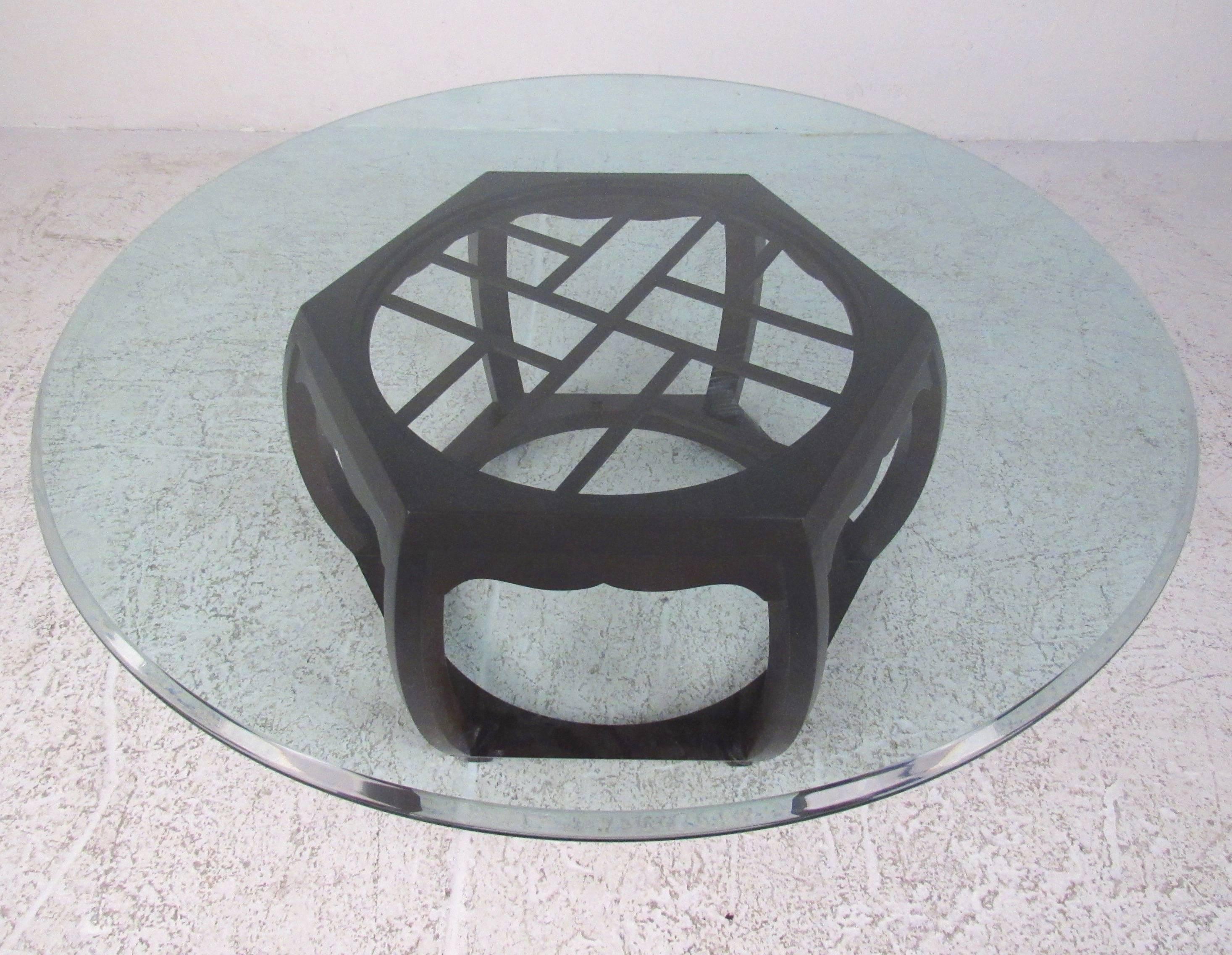 This contemporary modern sculptural wood base features unique design and large bevelled glass top. Ideal circular coffee table for home or business living room or waiting room. Please confirm item location (NY or NJ). 

Base dimensions: 29 W, 29 D,