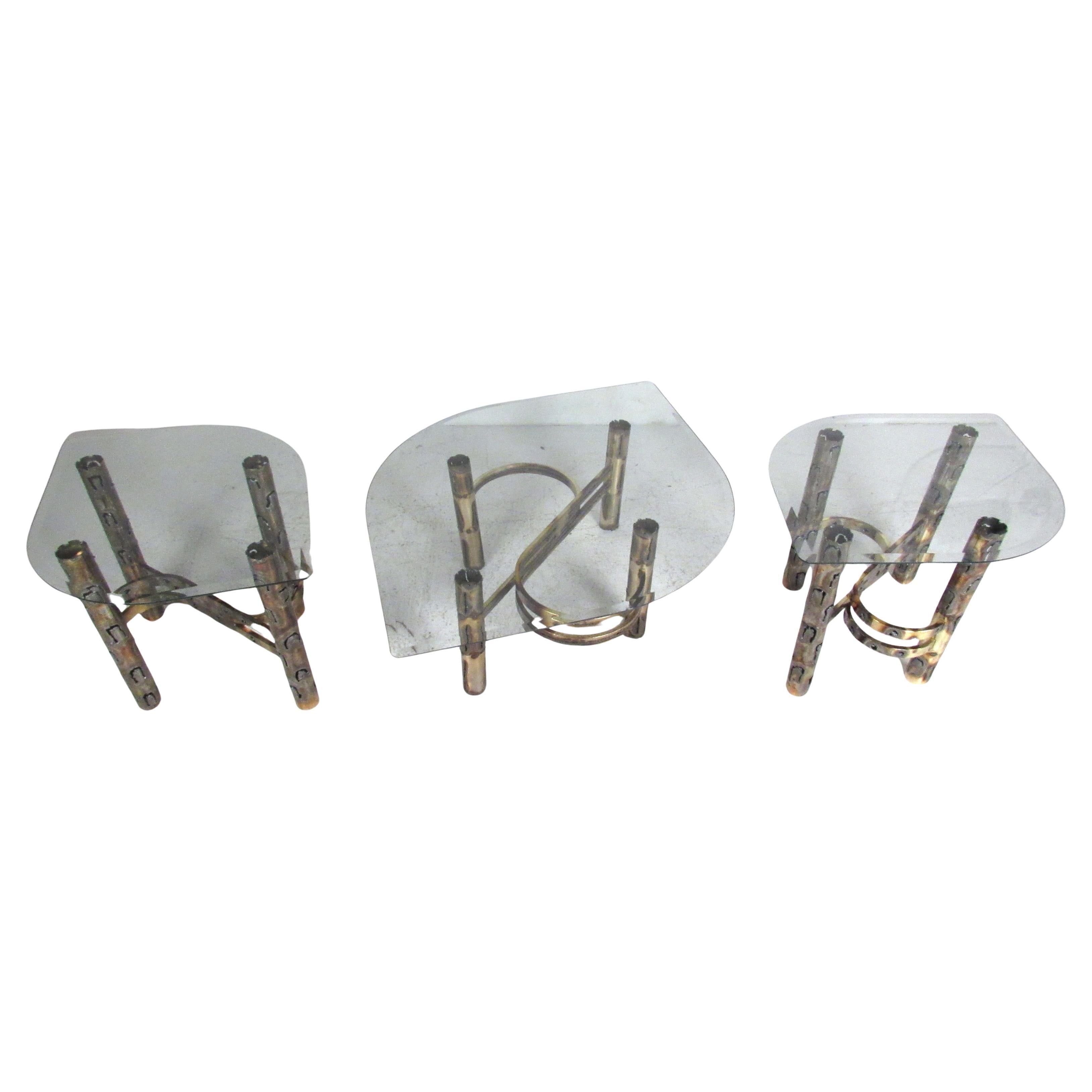 Brutalist Torch Cut Brass Table Set with Glass Tops