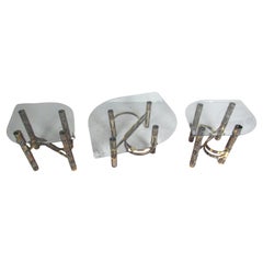 Brutalist Torch Cut Brass Table Set with Glass Tops