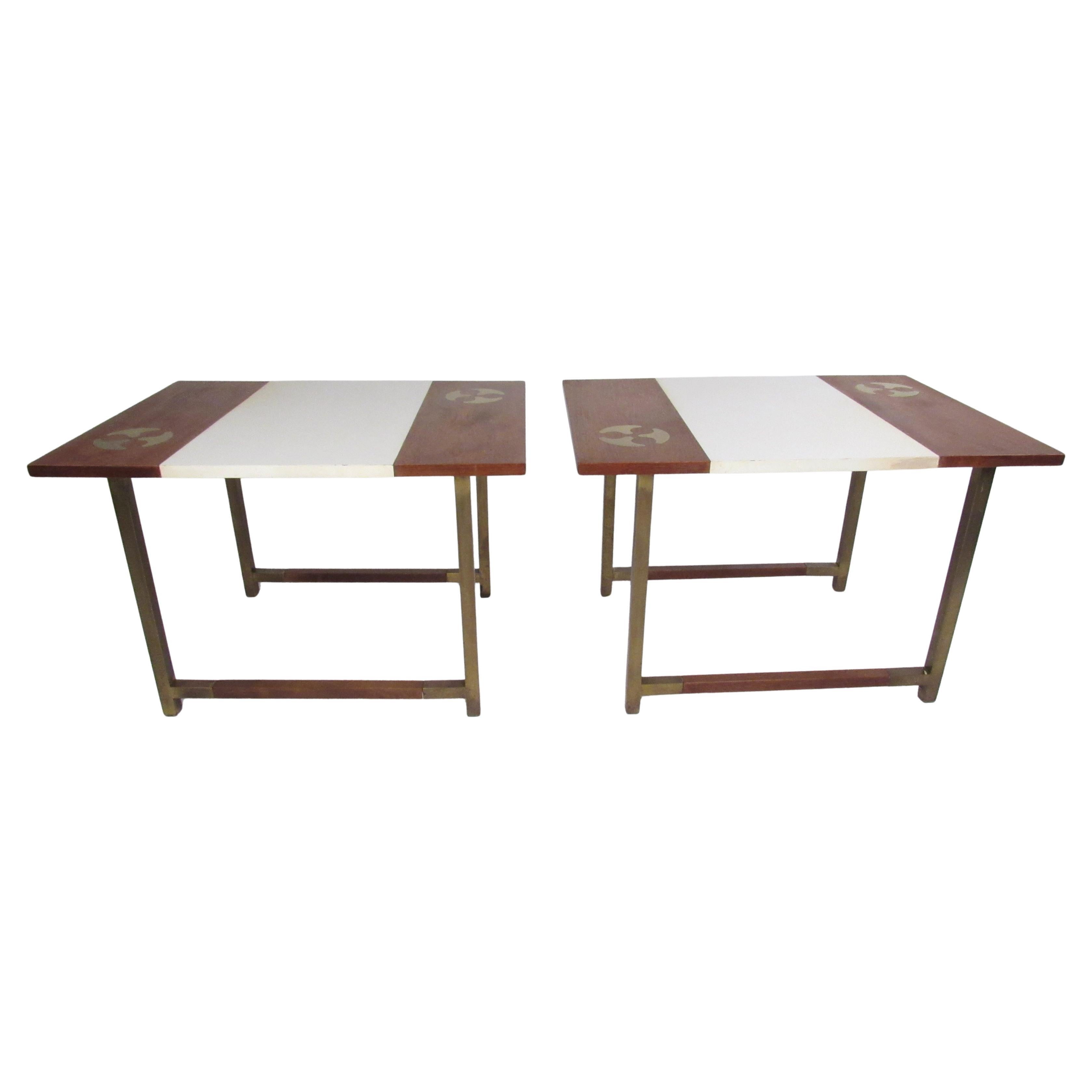 Pair of Mid-century Walnut and Brass End Tables For Sale