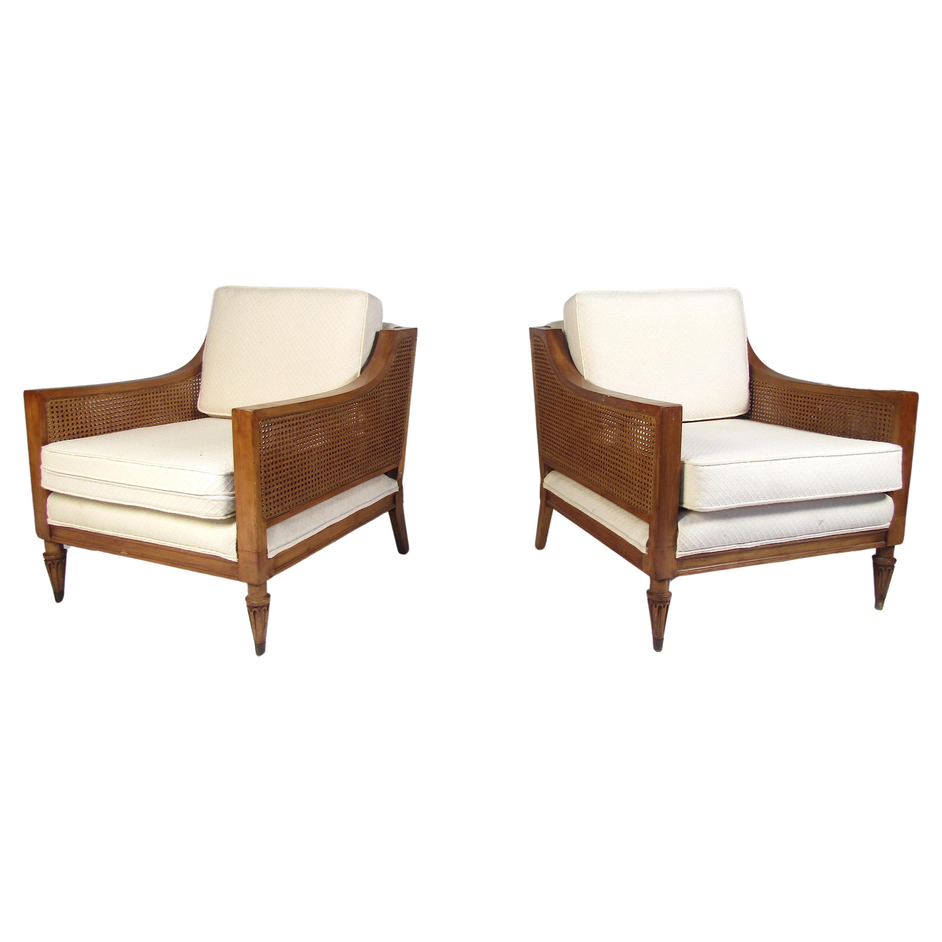 Pair of Mid-Century Modern Lounge Chairs with Cane Sides For Sale