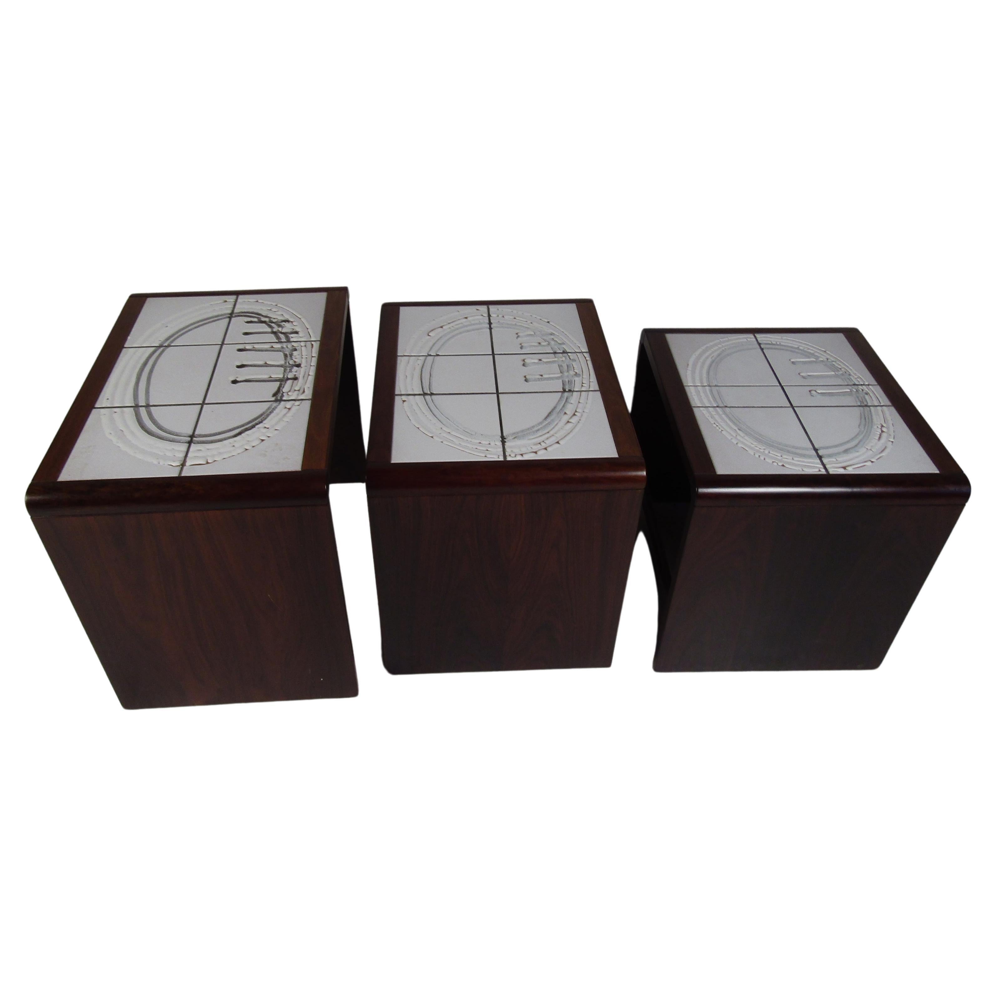 Set of Three Mid-Century Tile-Top Nesting Tables