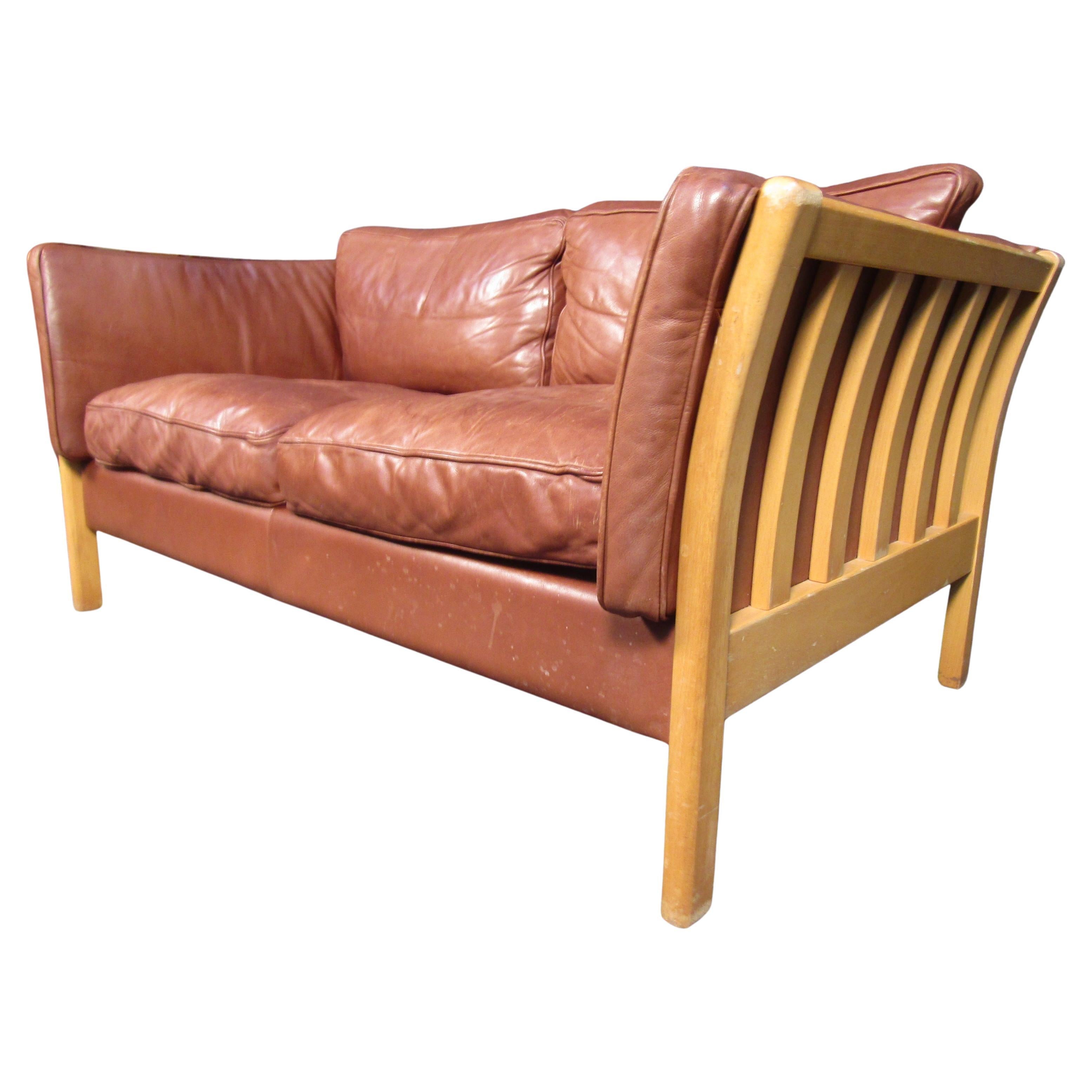 Slat Side Leather Loveseat by Stouby Denmark For Sale