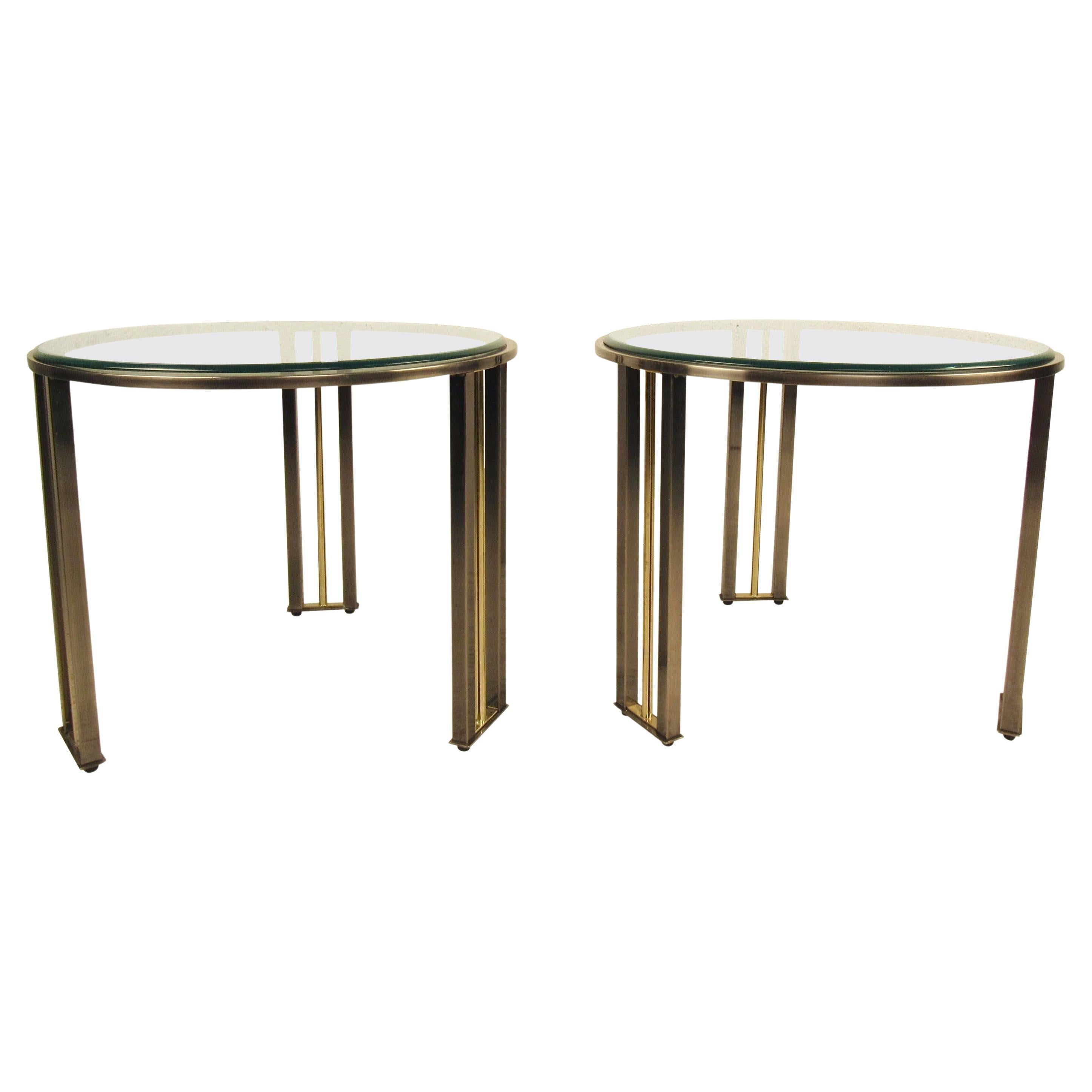 Hollywood Regency style tables with polished metal frames and round beveled glass tops. Elegant design for your modern living room.

(Please confirm item location - NY or NJ - with dealer)