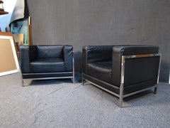 Pair of Club Chairs in Black Leather and Chrome