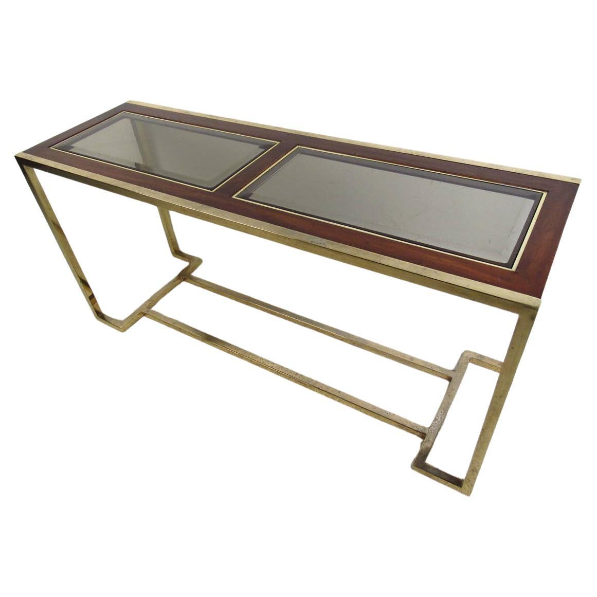 Mid-Century Brass and Walnut Console Table with Smoked Glass For Sale
