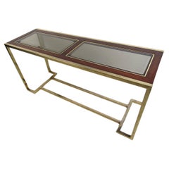 Retro Mid-Century Brass and Walnut Console Table with Smoked Glass