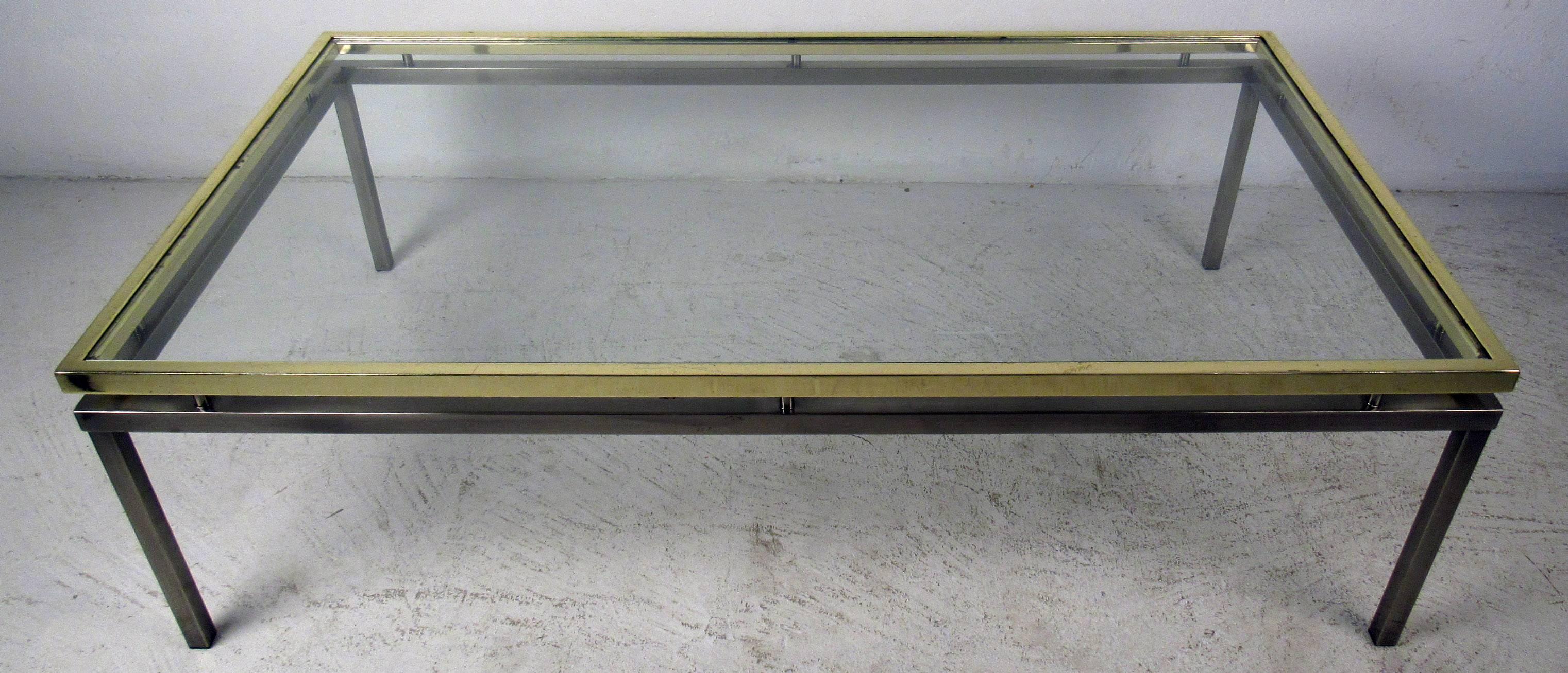 Mid-Century Modern Vintage Mastercraft Coffee Table with Floating Brass and Glass Top For Sale