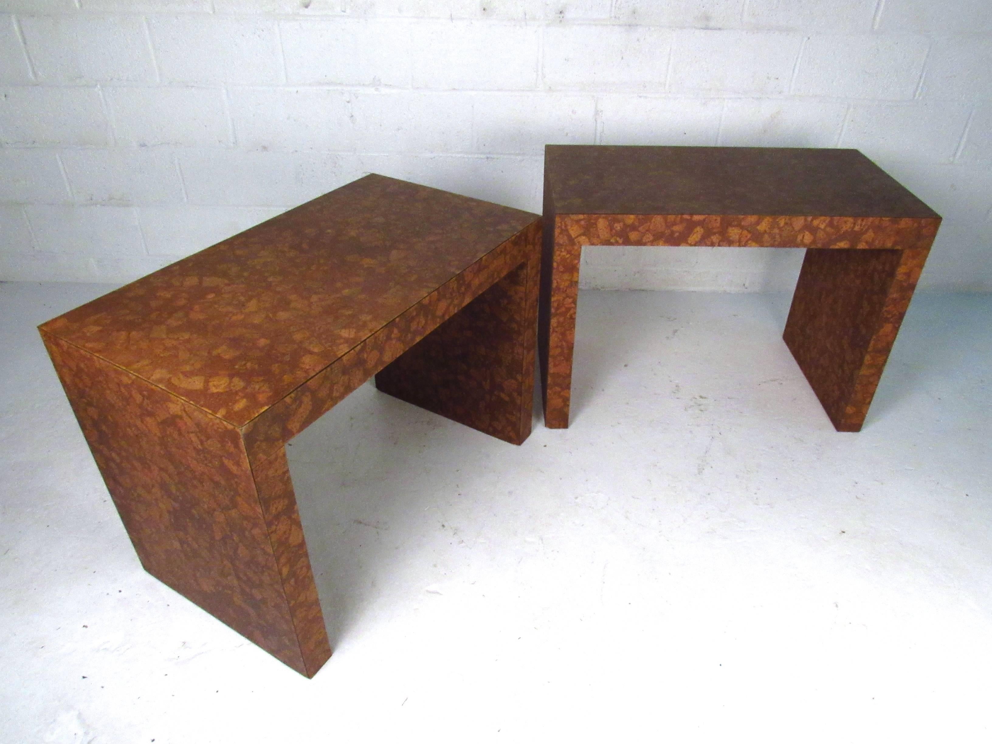This listing is for one of the two available tables, unique burl cork veneer and parson style design sets these apart from other vintage side tables. These versatile tables offer a variety of uses and are prepared to add a stylish vintage accent to