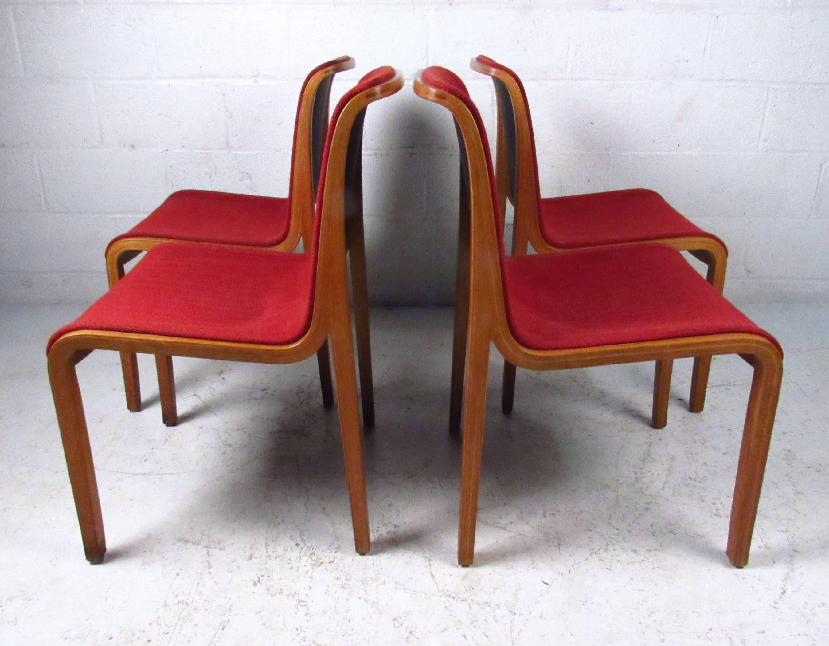 This vintage set of dining chairs features the unique style of Bill Stephens as designed for Knoll. Bentwood frames, vintage fabric, and unique shell seat backs add to the mid-century aesthetic of the set. Please confirm item location (NY or NJ). 