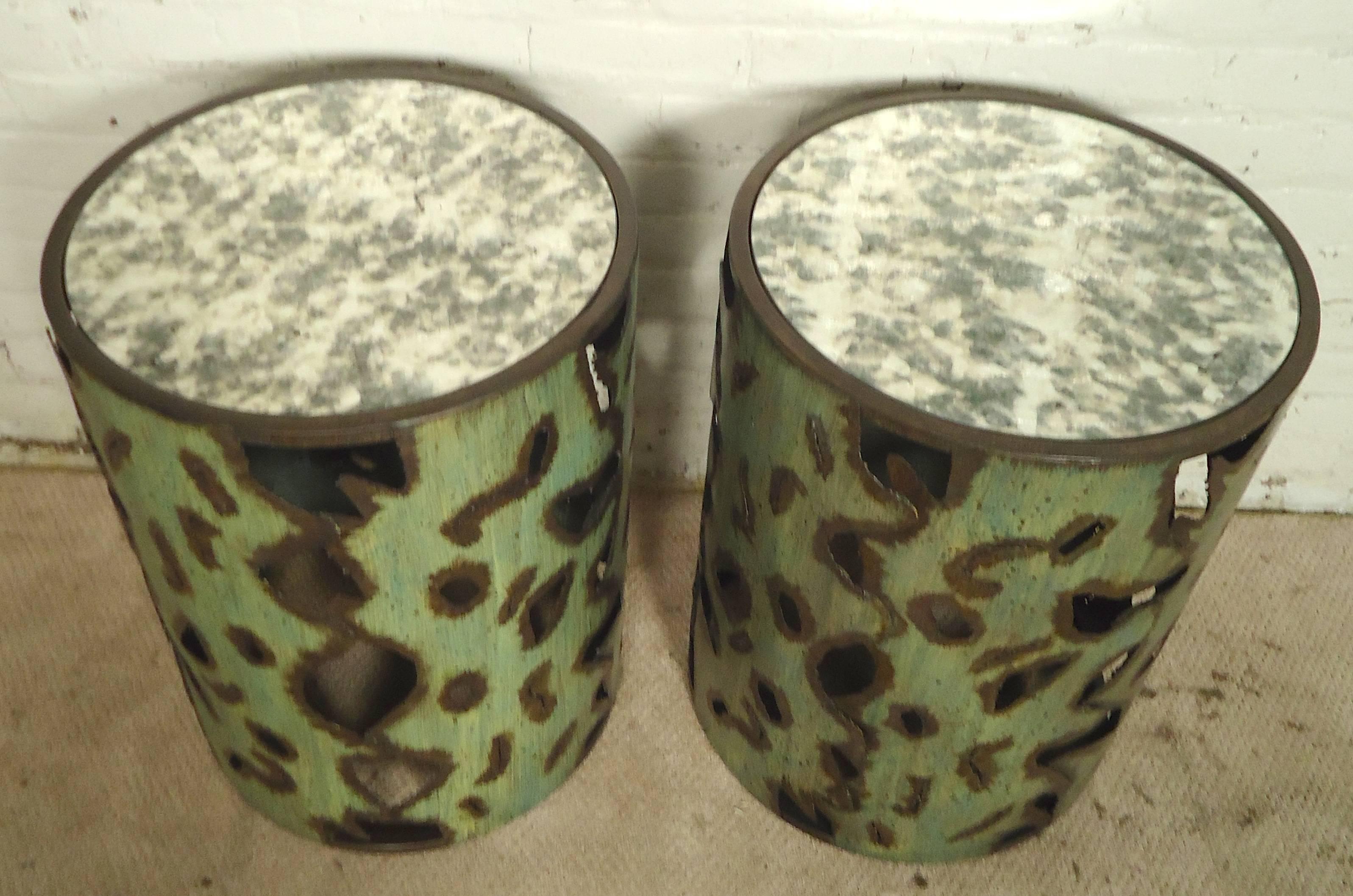 Round pedestal style side tables with mirrored tops. Torch cut metal base with green patina style coloring. Make great sofa side tables.

(Please confirm item location - NY or NJ - with dealer)

