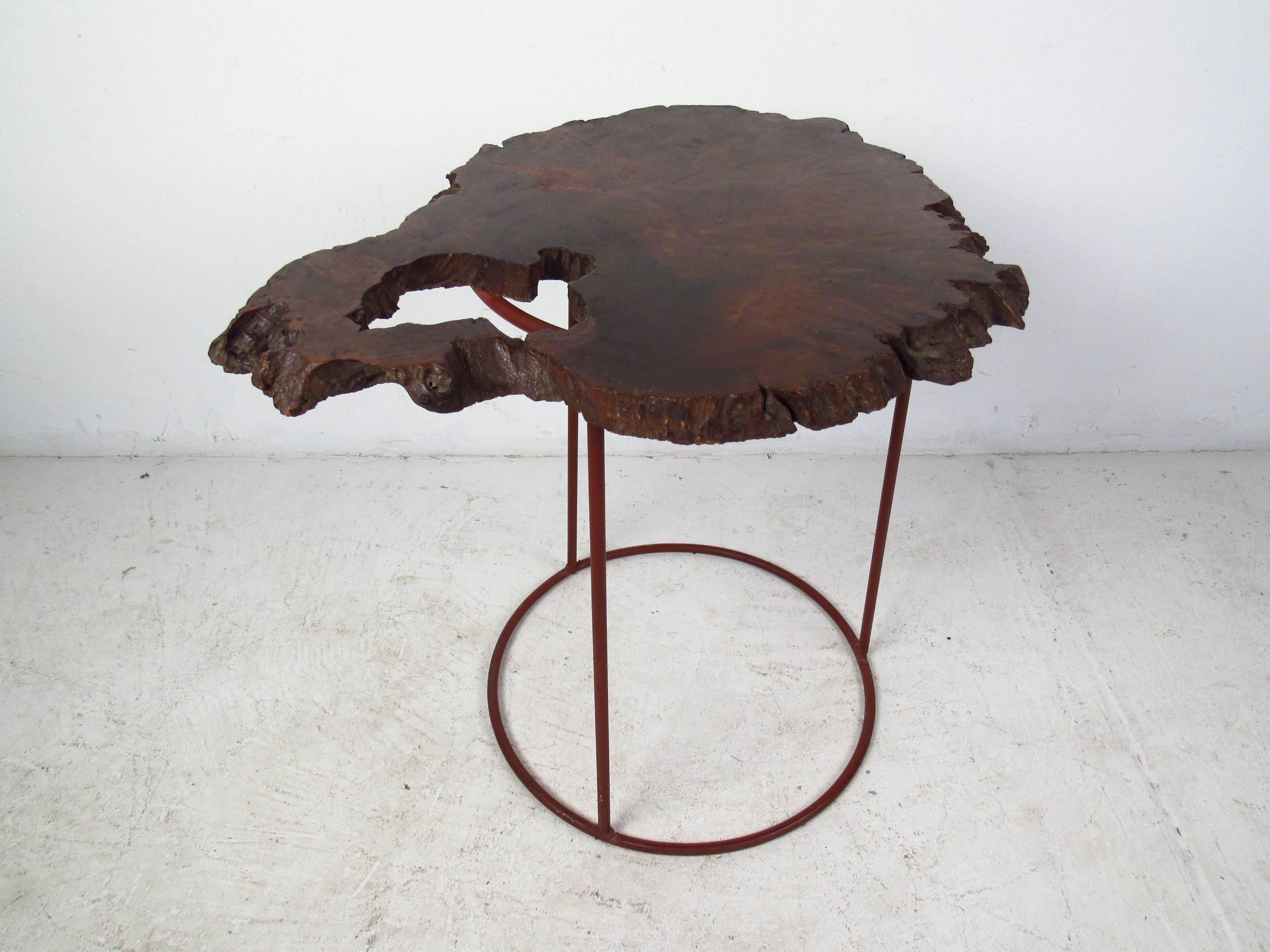Reclaimed Wood Mid-Century Modern Free Form Tree Slab Side Table For Sale