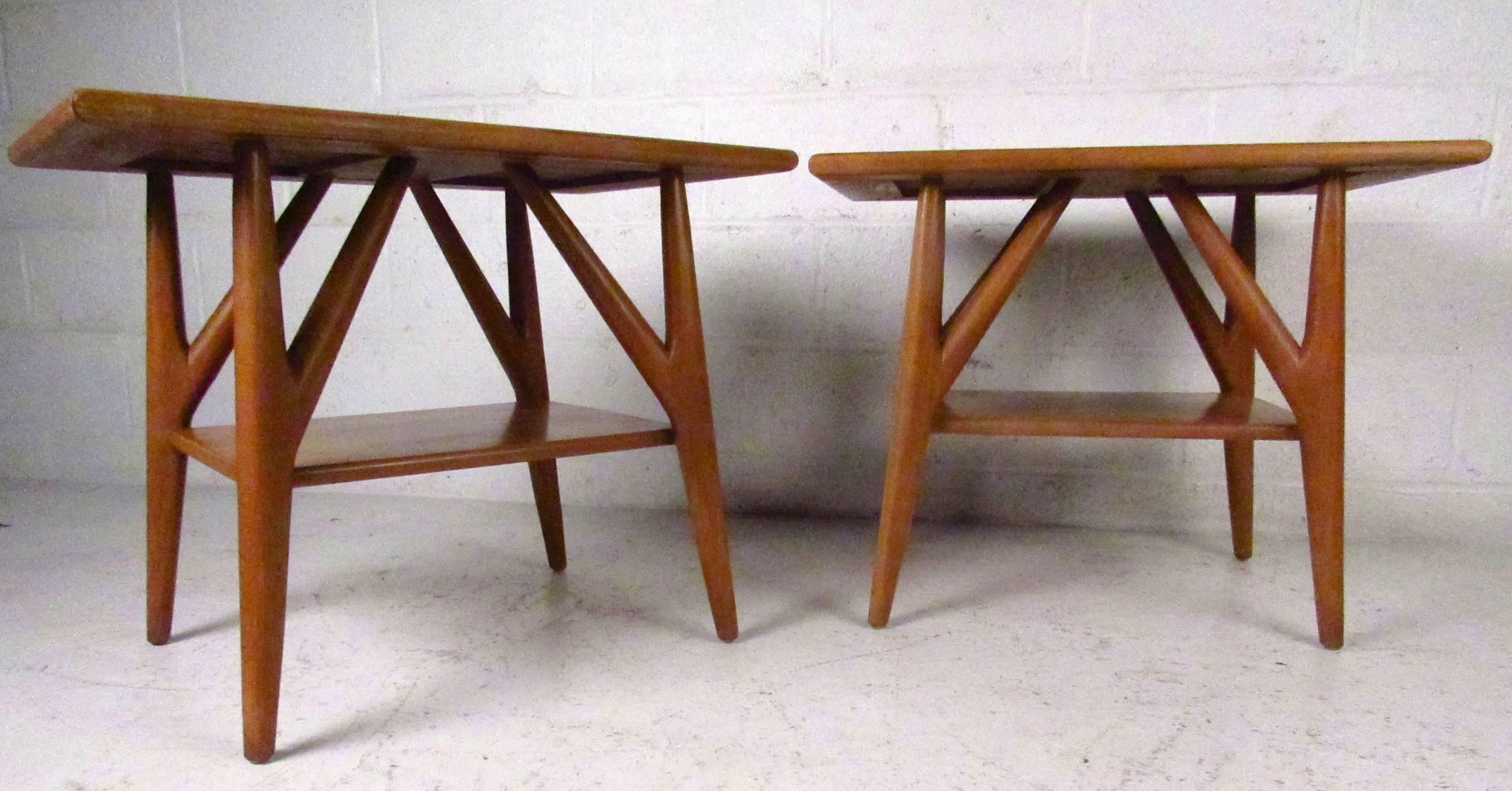 High designed tables made by Jamestown Lounge Company featuring sculpted oak frames and grass cloth tops. Reminiscent of Kagan's distinctly formed furniture.

(Please confirm item location - NY or NJ - with dealer).
 