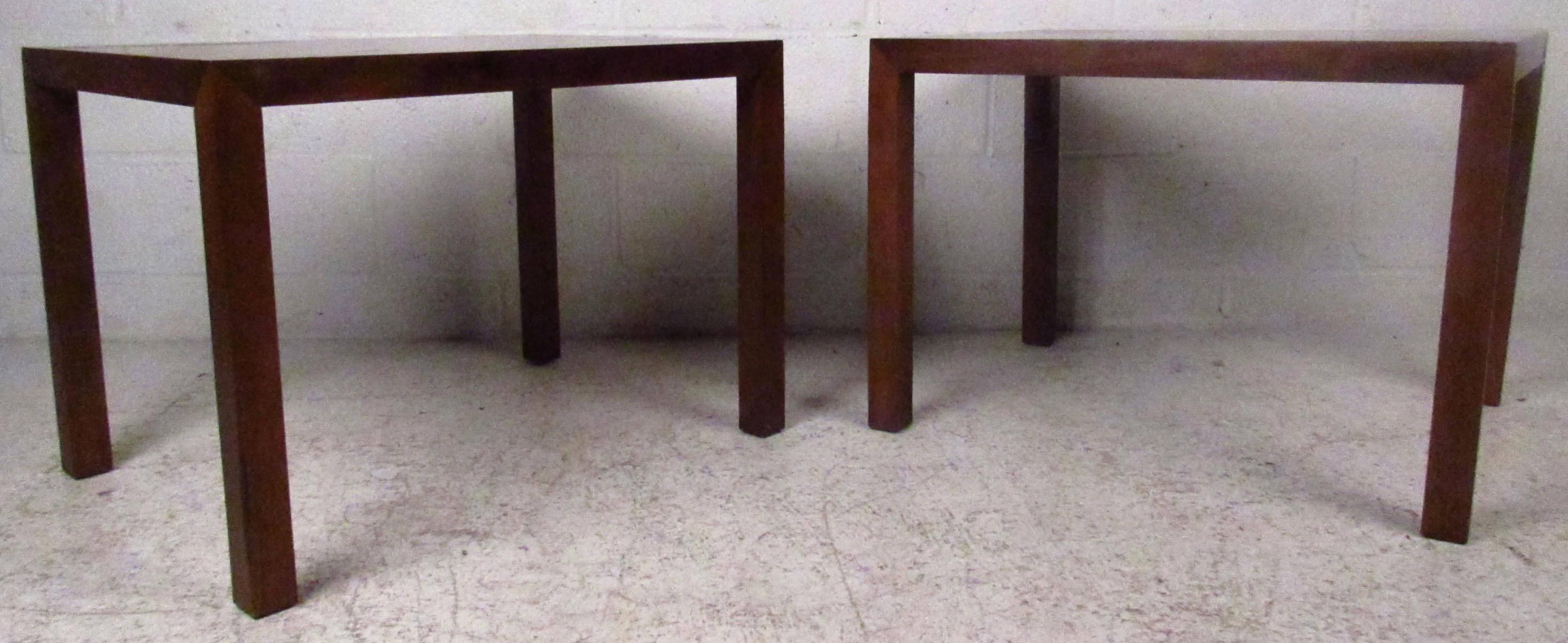 Two vintage-modern end tables by lane, features beautiful inlaid tops with rich walnut grain.

Please confirm item location NY or NJ with dealer.