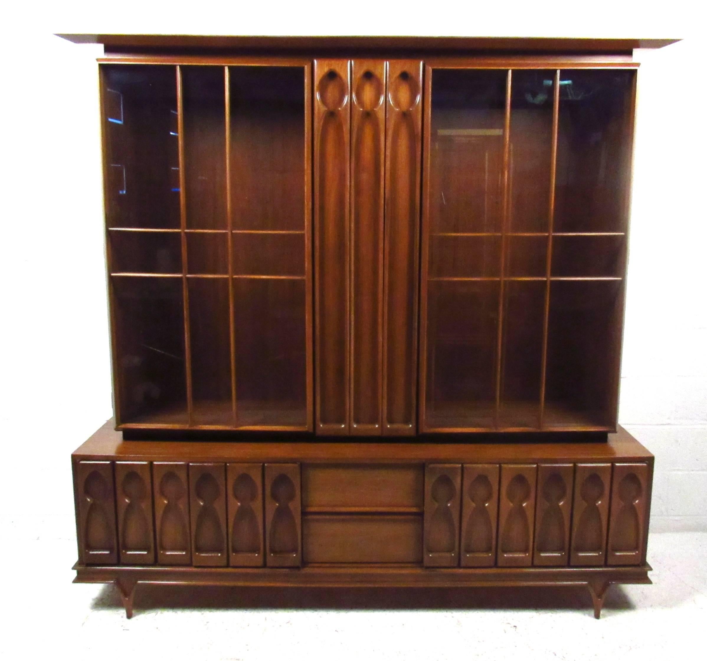 Beautifully detailed two-piece walnut hutch/server with dramatic 