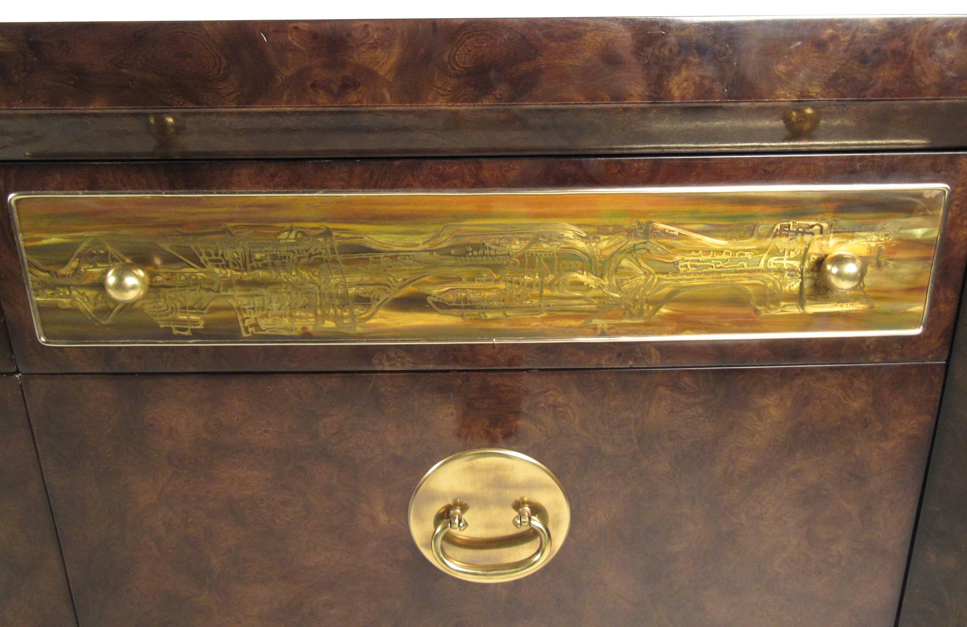Mid-Century Modern Brass and Burl Wood Dresser for Mastercraft by Bernhard Rohne For Sale