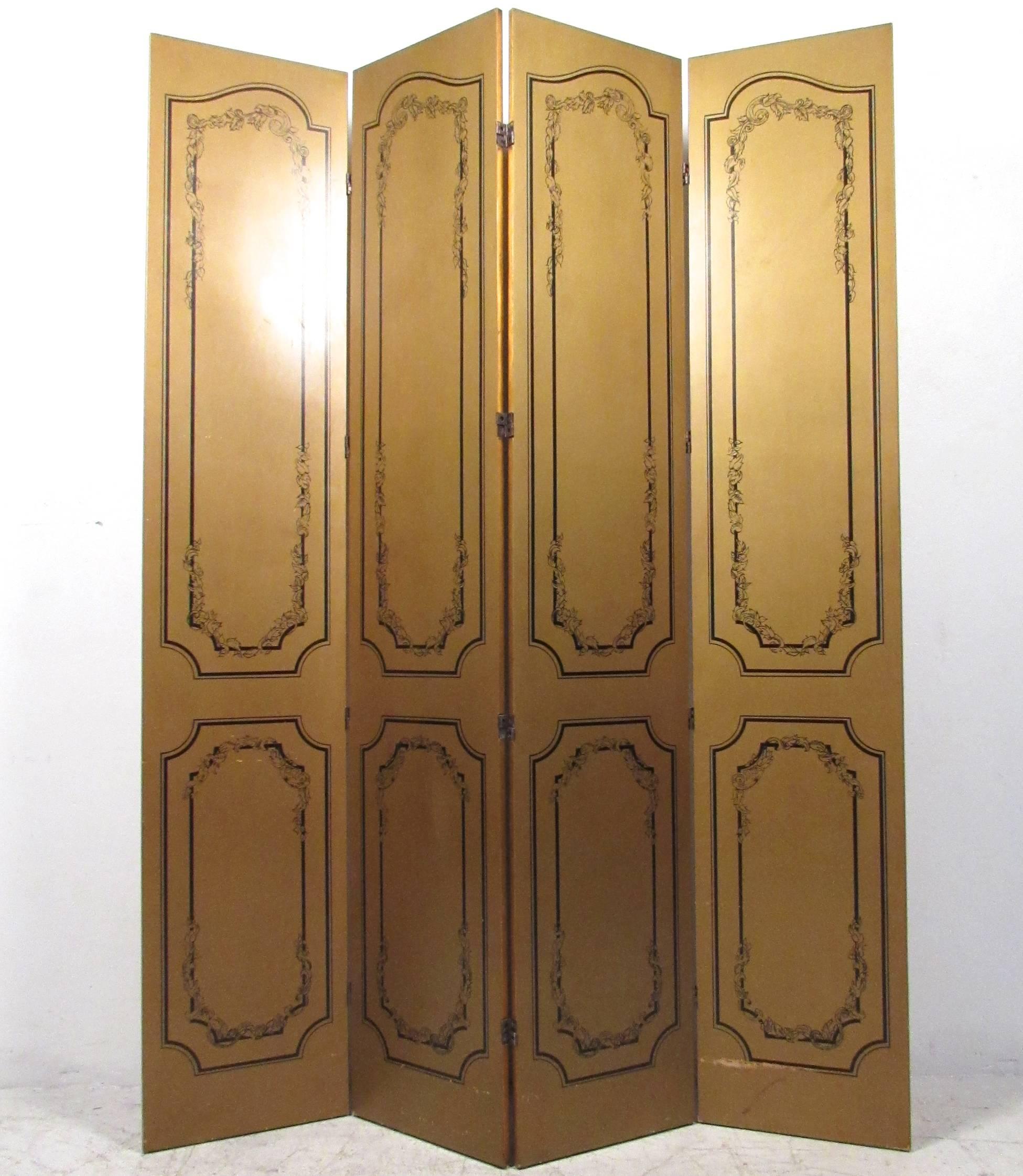 This seven foot gold leaf style room divider features a double-sided dual color scheme with ornate painted trim style details. Double fold hinges and it's unique finish make this a fantastic addition to any room. Please confirm item location (NY or