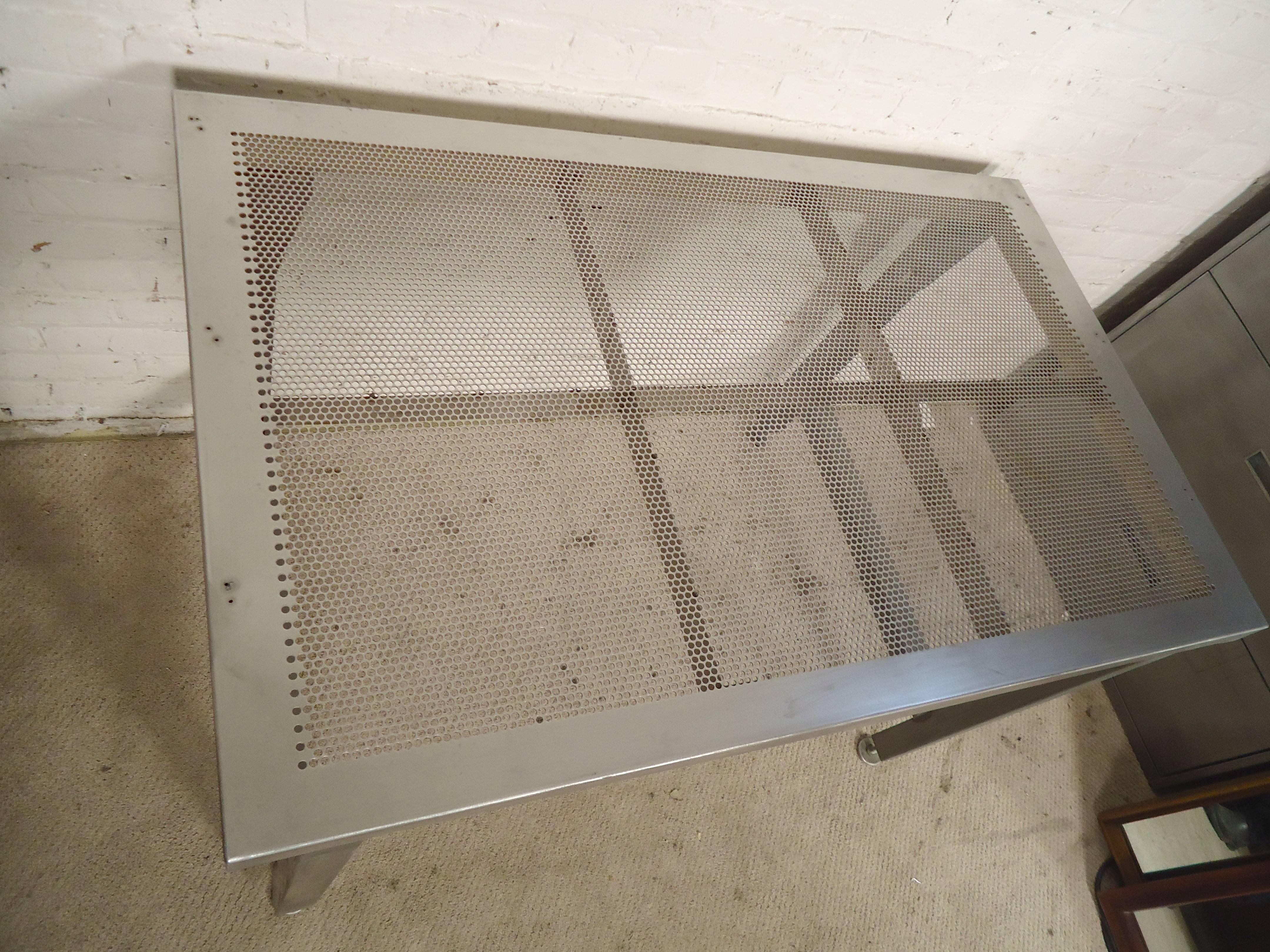 20th Century Factory Work Table with Perforated Top