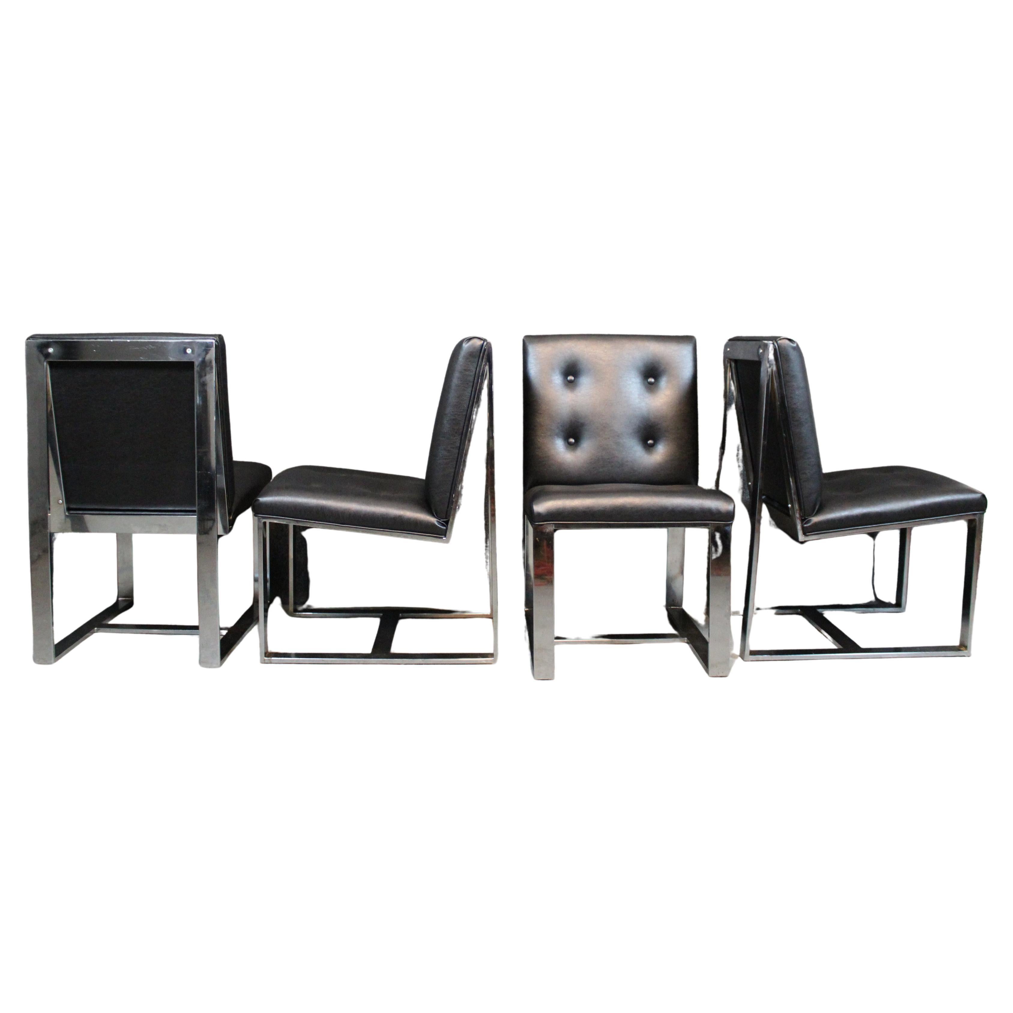 Set of 4 Chrome Flat Bar Dining Chairs by Milo Baughman for Thayer Coggin