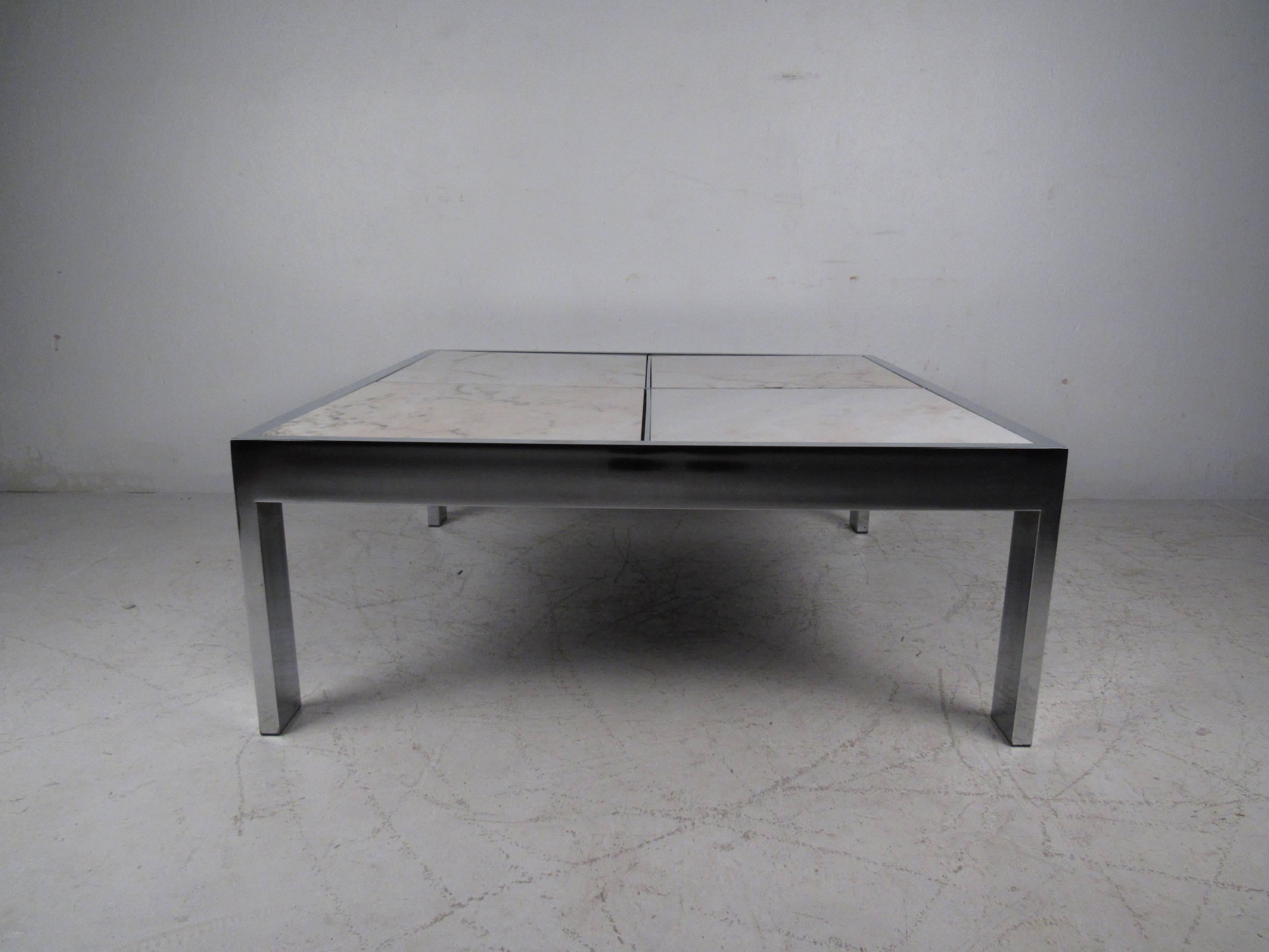 This stylish Leon Rosen for Pace coffee table combines thick chrome framing with Italian marble insets. Impressive center table for any living room, sitting room, or business seating area, please confirm item location (NY or NJ). 