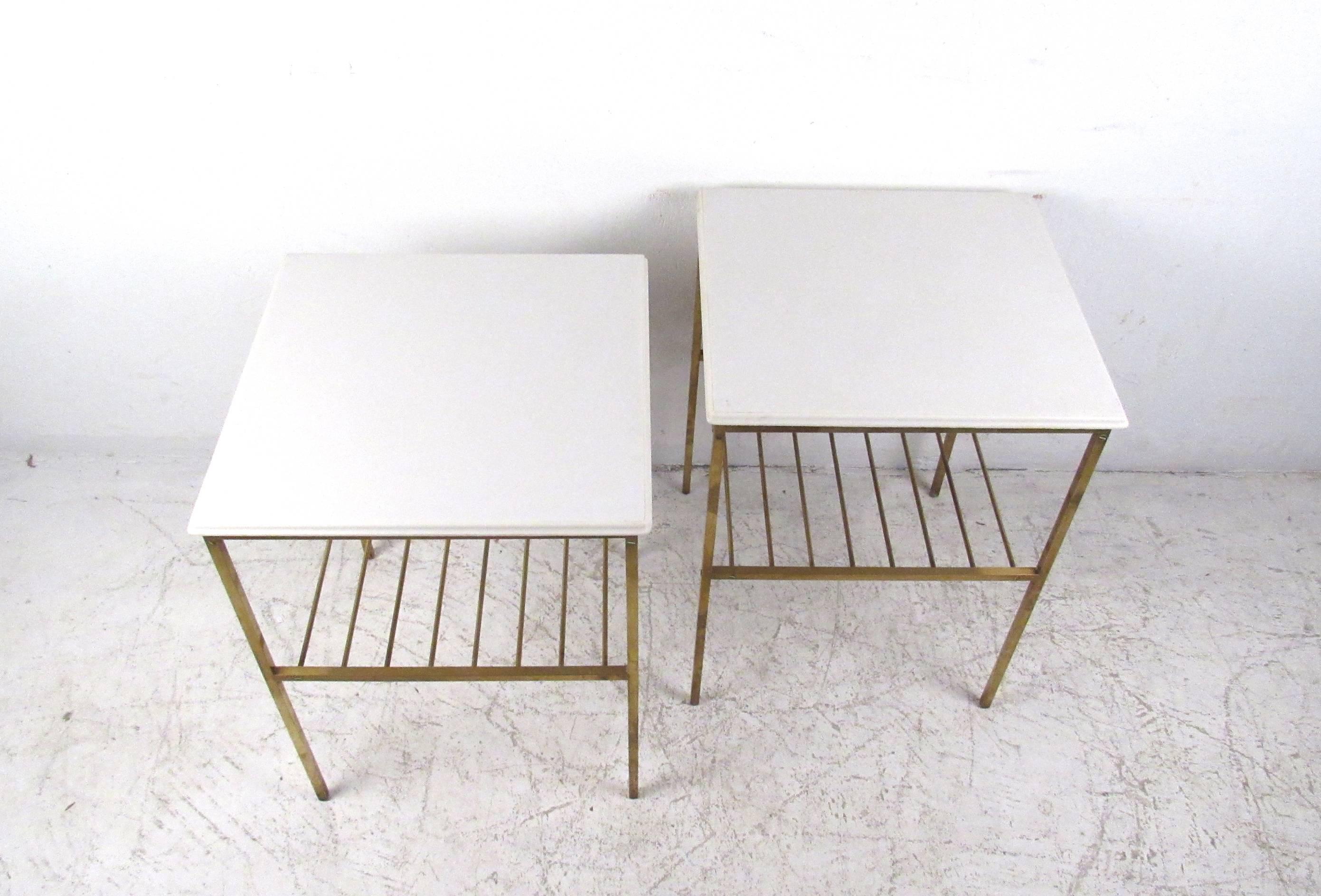 Pair Harvey Probber Style Brass and Marble End Tables In Good Condition In Brooklyn, NY