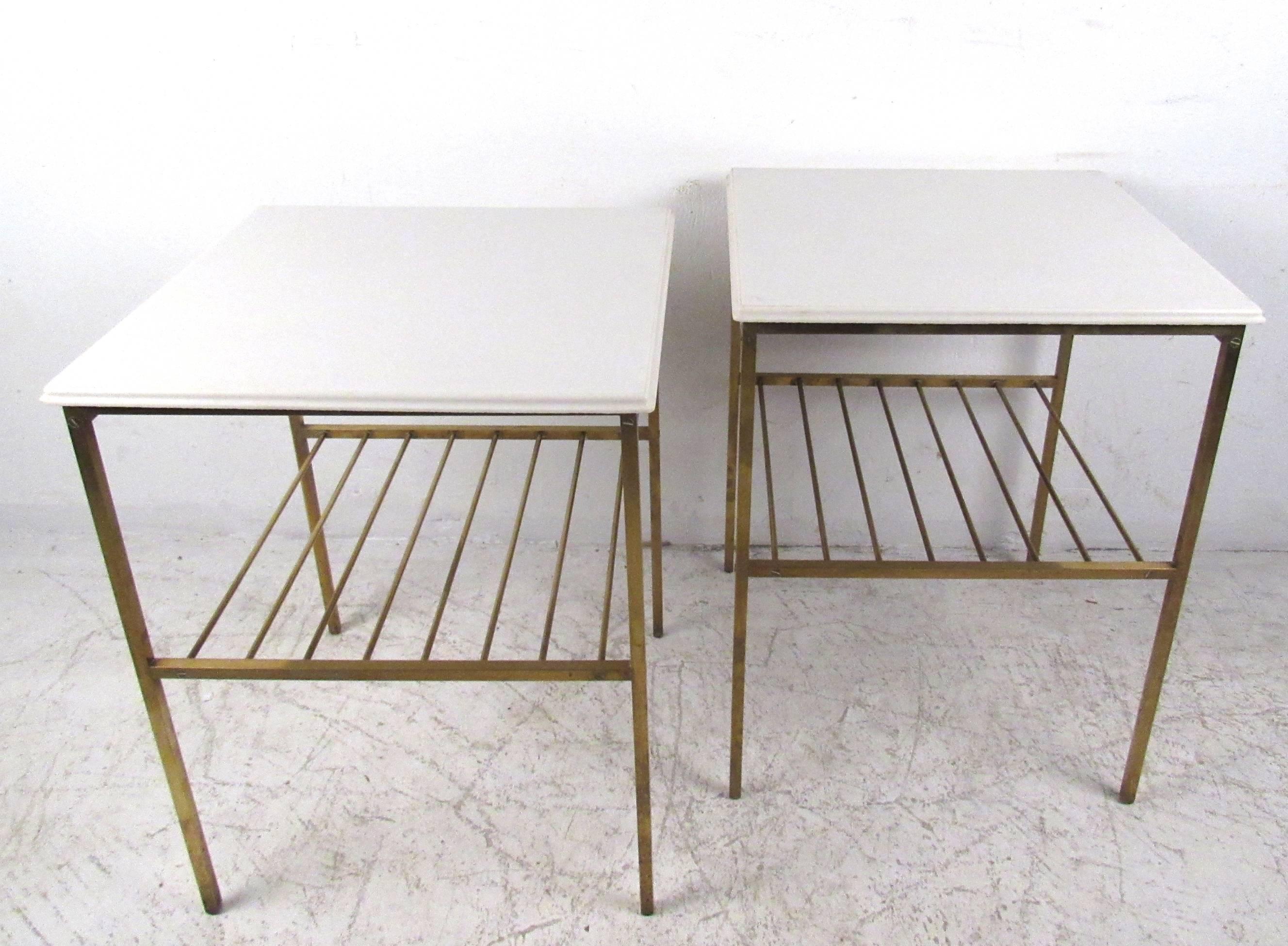 Mid-Century Modern Pair Harvey Probber Style Brass and Marble End Tables