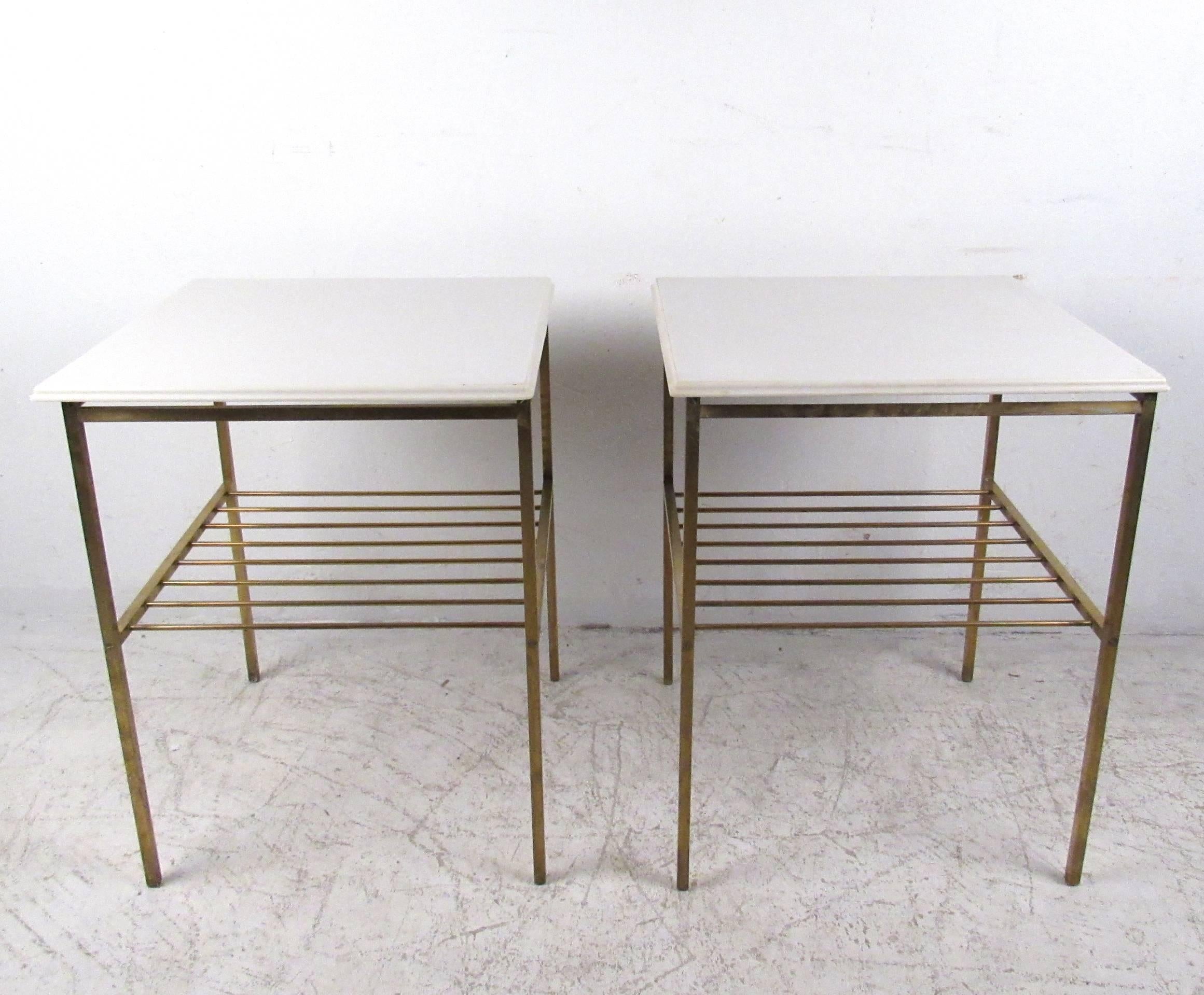 Mid-20th Century Pair Harvey Probber Style Brass and Marble End Tables