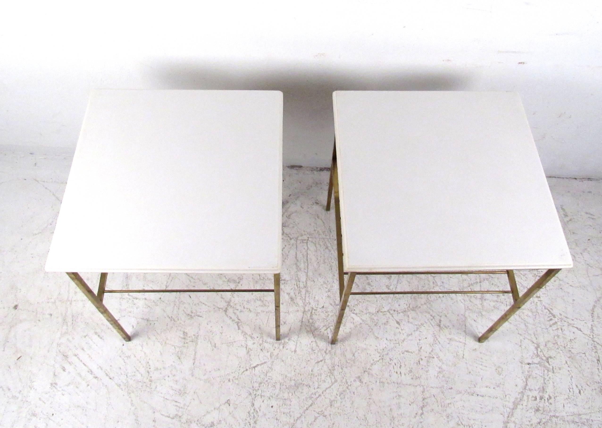 American Pair Harvey Probber Style Brass and Marble End Tables