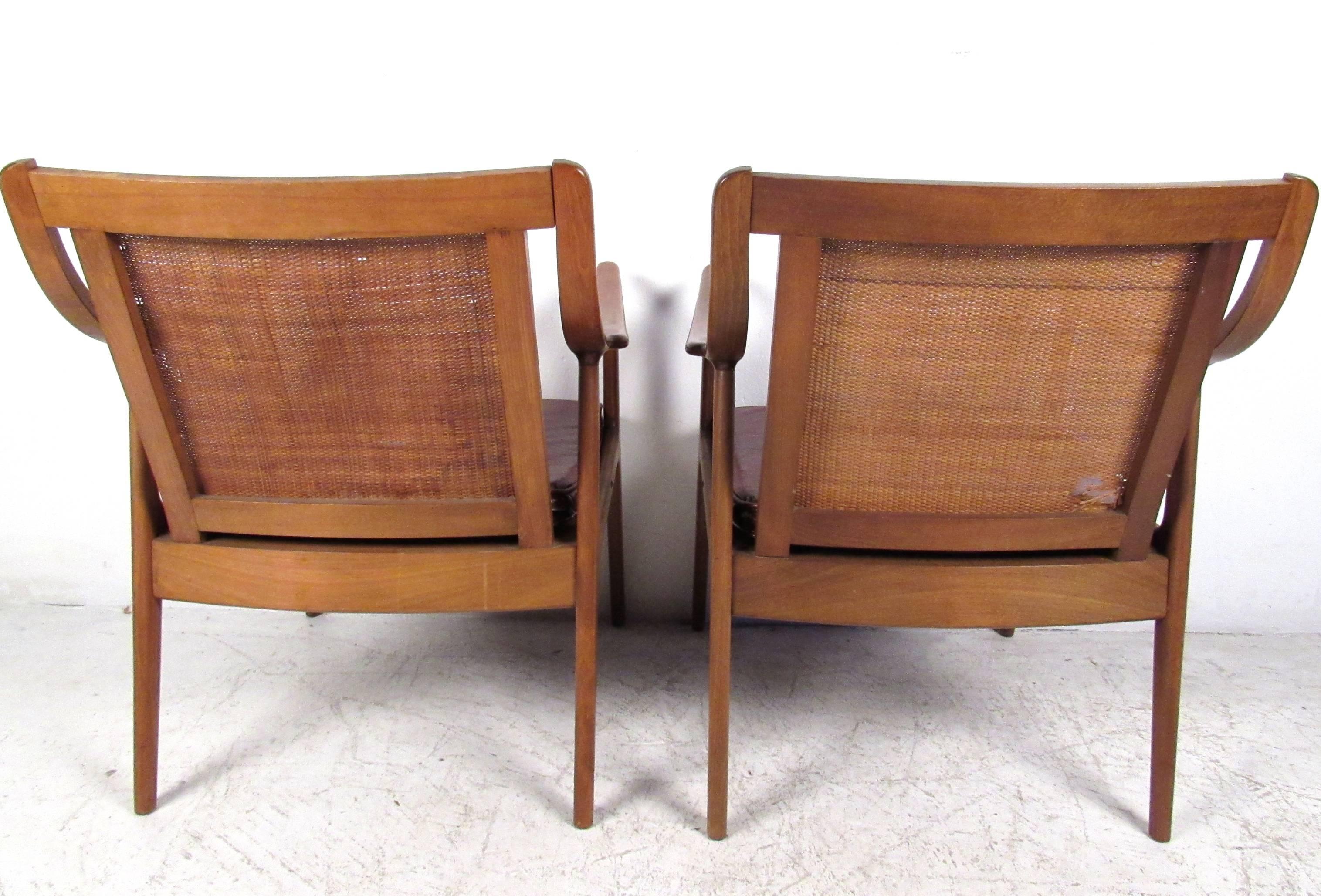 Pair Vintage Modern Cane Back Armchairs In Good Condition In Brooklyn, NY