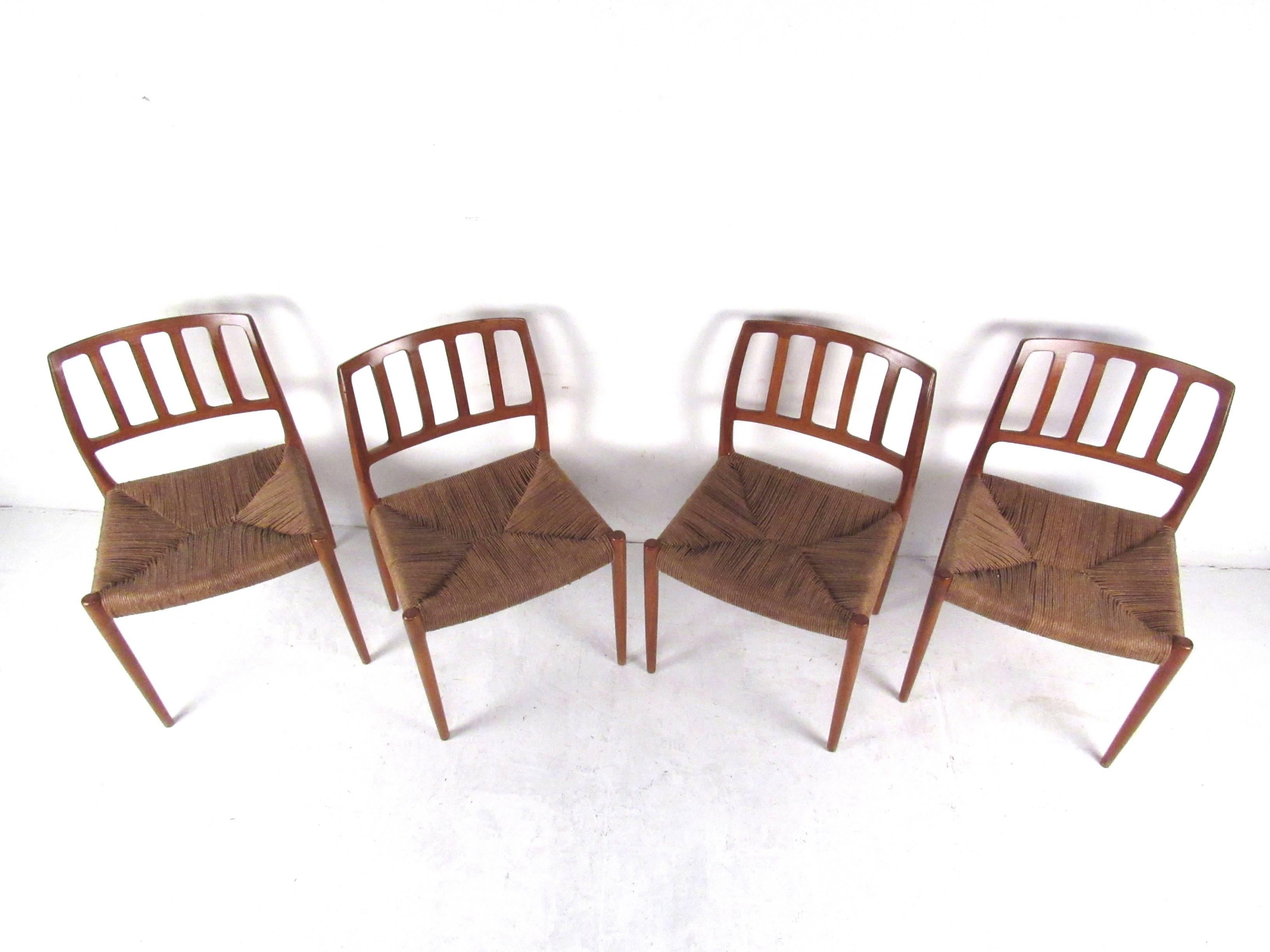 Mid-Century Modern N.O. Møller Teak and Rush Seat Dining Chairs For Sale