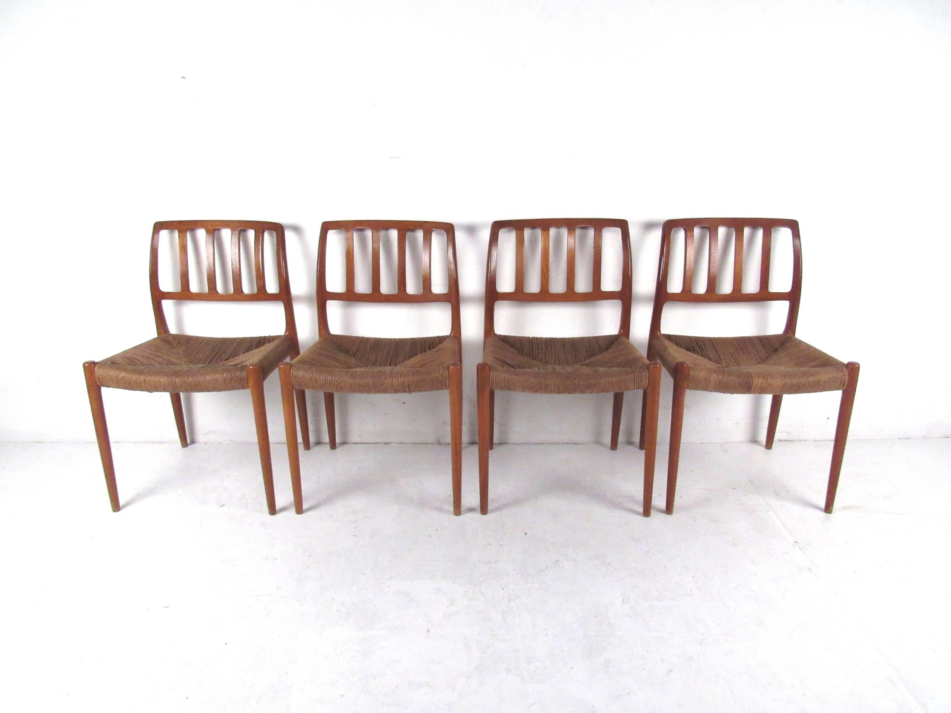 Danish N.O. Møller Teak and Rush Seat Dining Chairs For Sale