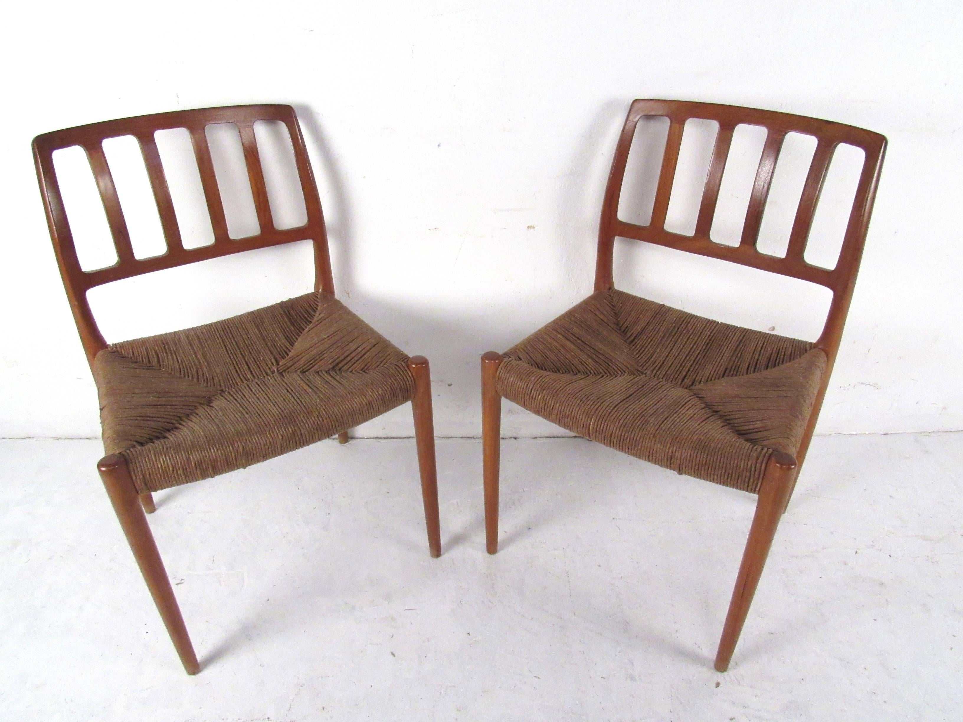 Mid-20th Century N.O. Møller Teak and Rush Seat Dining Chairs For Sale